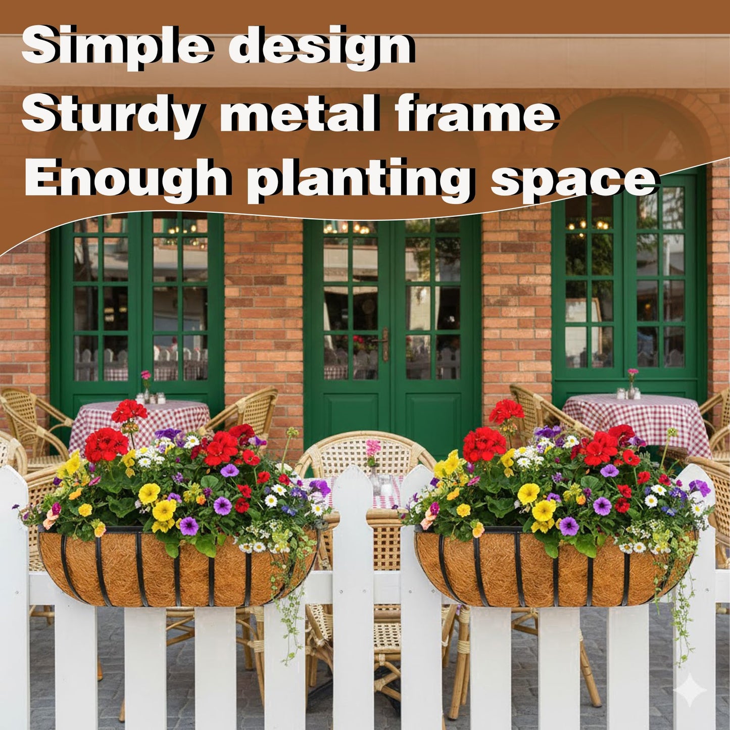 JFFLYIT 4 Pcs 24“ Railing Planter Window Box Deck Railing Planter Boxes with Coco Liner English Horse Trough Planter Metal Wall-Mounted Planters Basket for Outdoor Balcony Porch Fence Patio Rail