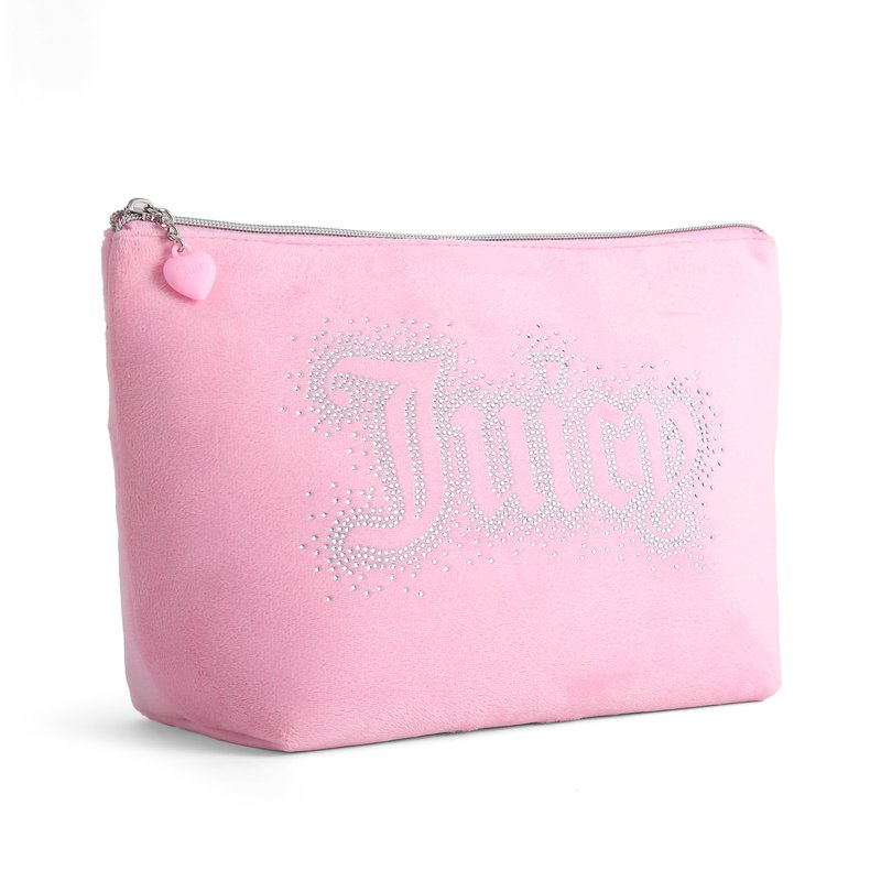 Juicy Couture Pink Makeup Bag Cosmetics Organizer Travel Essentials Top Zip Pouch Rhinestone Velour