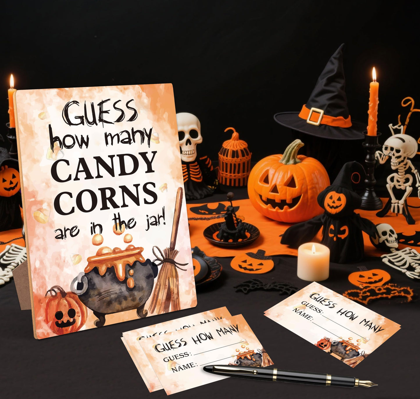 Halloween Party Game, How Many Candy Corns (1 Wooden Sign with Stand + 50 Guessing Cards), Halloween Party Favors Supplies, Family Activity - MB06