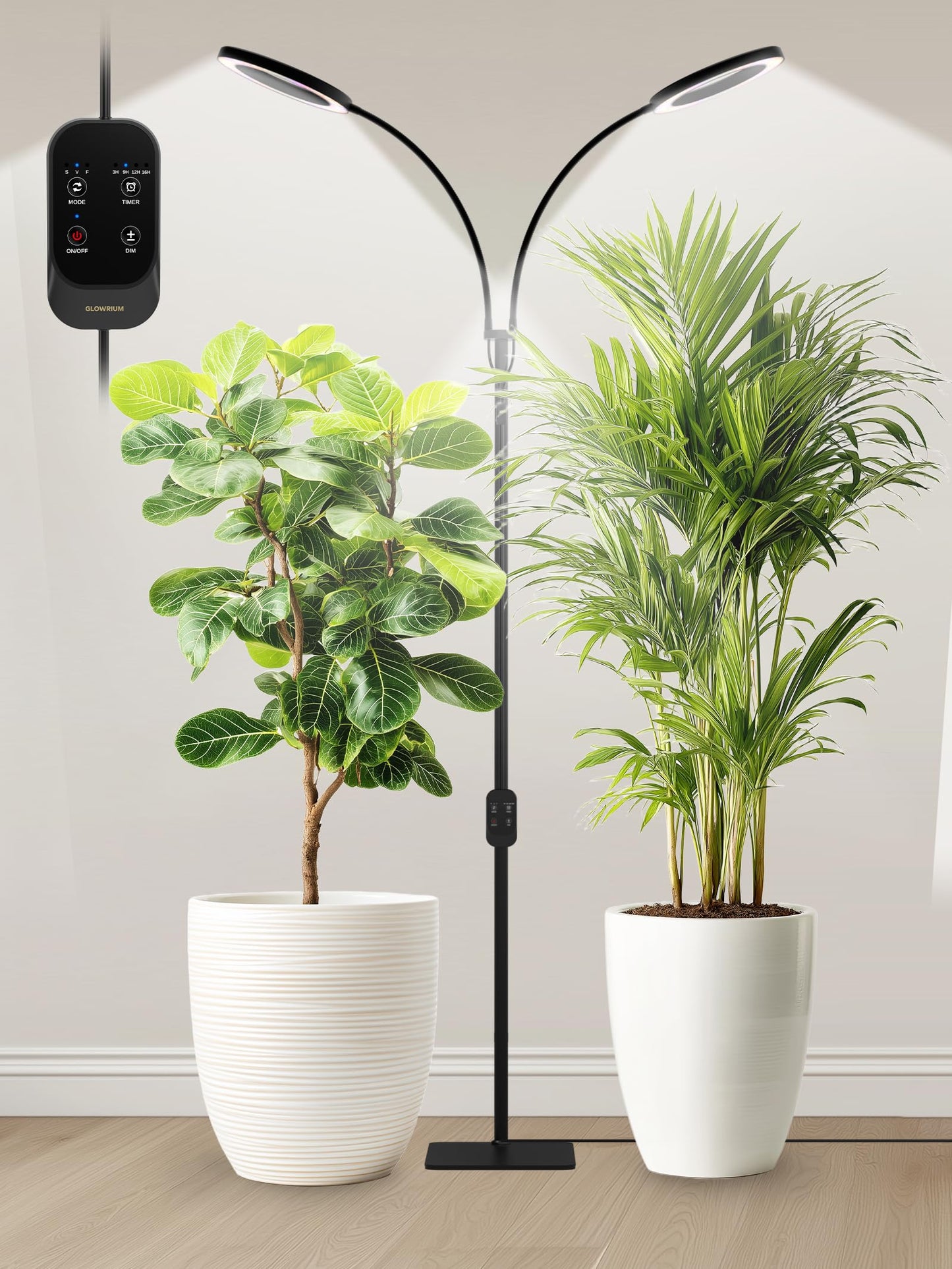 GLOWRIUM Grow Lights for Indoor Plants, Full Spectrum LED Grow Light, Stepless Dimming,3 Lighting Mode and Adjustable Height, Plant Light with 3/9/12/16H Timer (Black, Dual Heads)