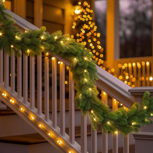 9ft Pre-Lit Christmas Garland, Artificial Lighted Norfolk Pine Garland with Multi-Color Lights, Battery Operated Garland for Mantle Stairs Table Fireplace Xmas Decorations