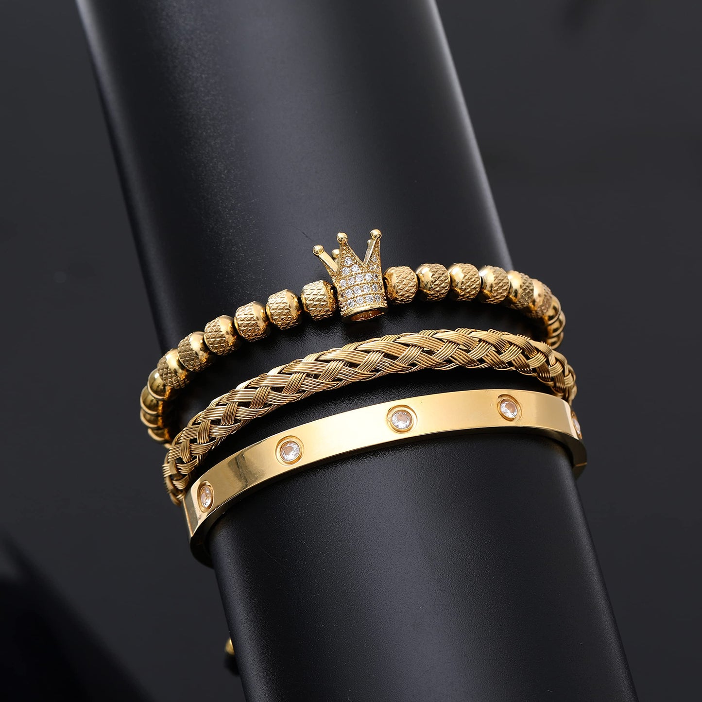 WFYOU 3PCS Stainless Steel Bracelets for Men Gold Roman Numeral Bangle Bracelet Twisted Cable Bracelet Adjustable Cuff Bracelet Mens Luxury Jewelry Bracelets Gifts(CZ Crown Gold)