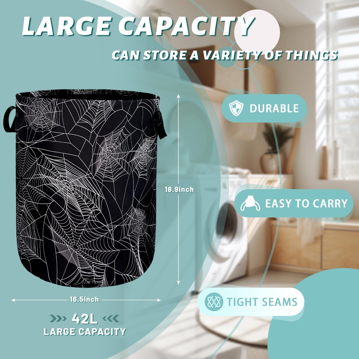 Spider Web Laundry Hamper Funny Halloween Laundry Basket With Handles Foldable Oxford Cloth Colorful Tote Bag Clothes Toy Storage Bucket 18.9" x 16.5" For Bathroom/Laundry/Bedroom