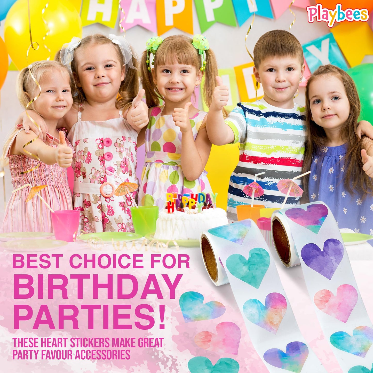 Playbees Watercolor Heart Stickers for Kids - 200 Pack of Rainbow Heart Themed Designs - Valentine’s Day Kids Educational Arts and Crafts, Scrapbooking, Teacher Awards, Classroom Prize, Encouragement