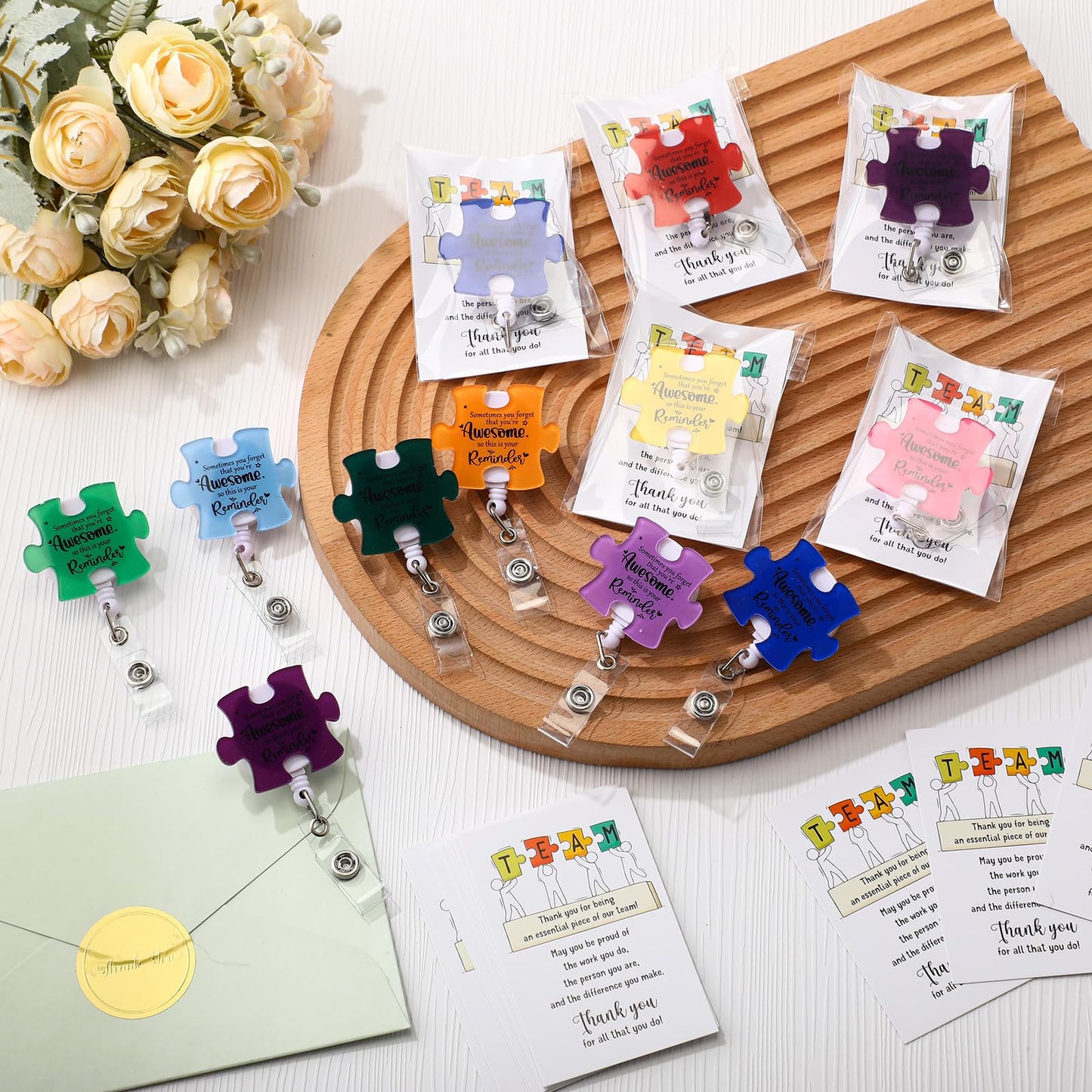 ReliThick 18 Set Employee Appreciation Gifts Bulk, Puzzle Badge Reel Set with Thank You Cards, Retractable ID Badge Holder for Nurse Teacher Staff Team Office Hospital School (Awesome Remider)