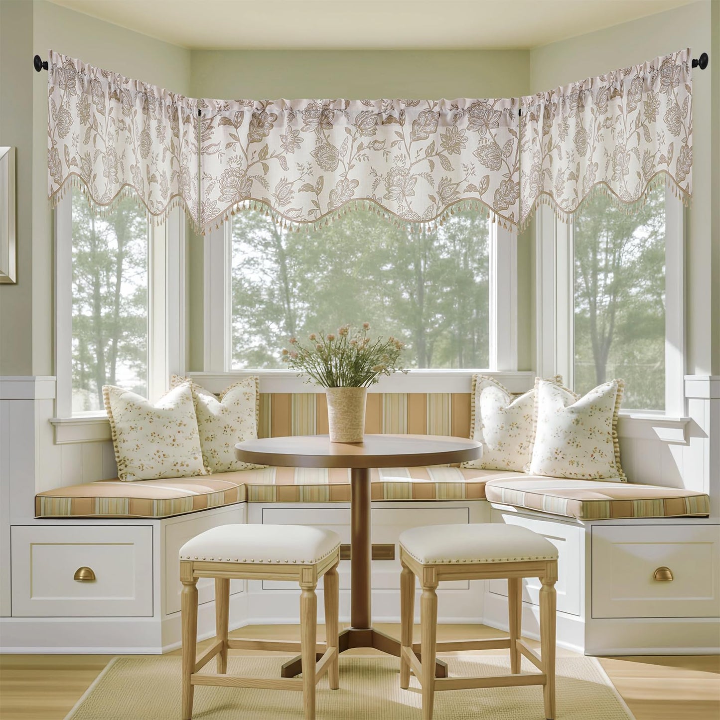 Ebesto Scalloped Valance for Windows - Faux Linen Textured Short Kitchen Valance with Tassels, Farmhouse Floral Printed Small Window Curtains for Bathroom Basement RV, 1 Piece, 52Wx18L Inches, Taupe
