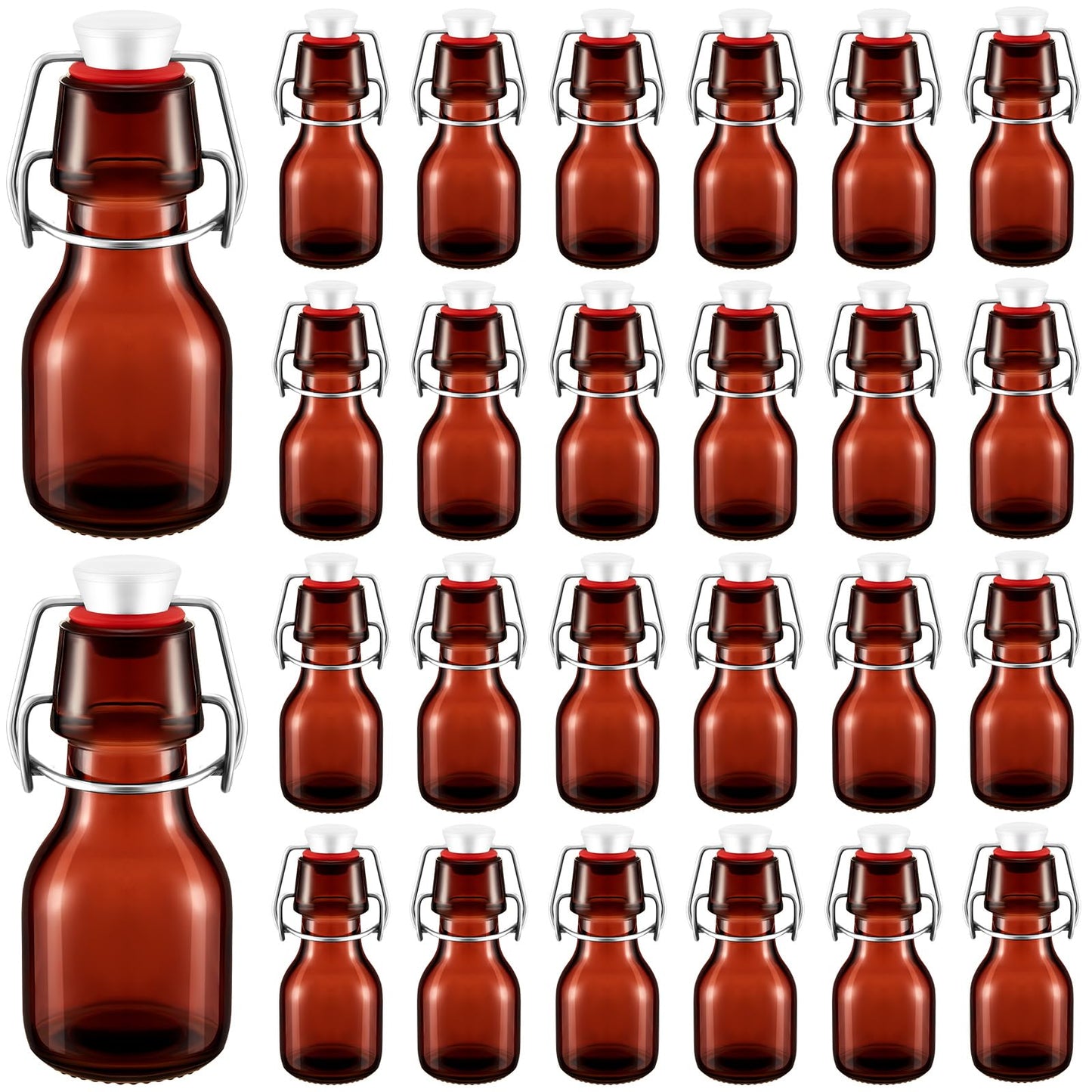 Tessco 24 Pcs Mini Swing Top Glass Bottles with Stoppers Small Flip Top Bottles with Airtight Lids for Crafts Decoration Wedding Themed Party Favors(2 oz,Amber)