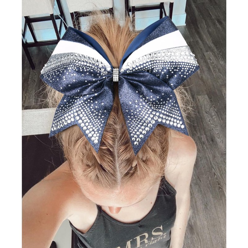 DEEKA 6 PCS 7" Large Glitter Cheer Bows with Shiny Rhinestones Three Color Stiff Hair Bows Elastic Band Ponytail Holder for for Cheerleaders Softball Girls Sports -Navy/Silver/White
