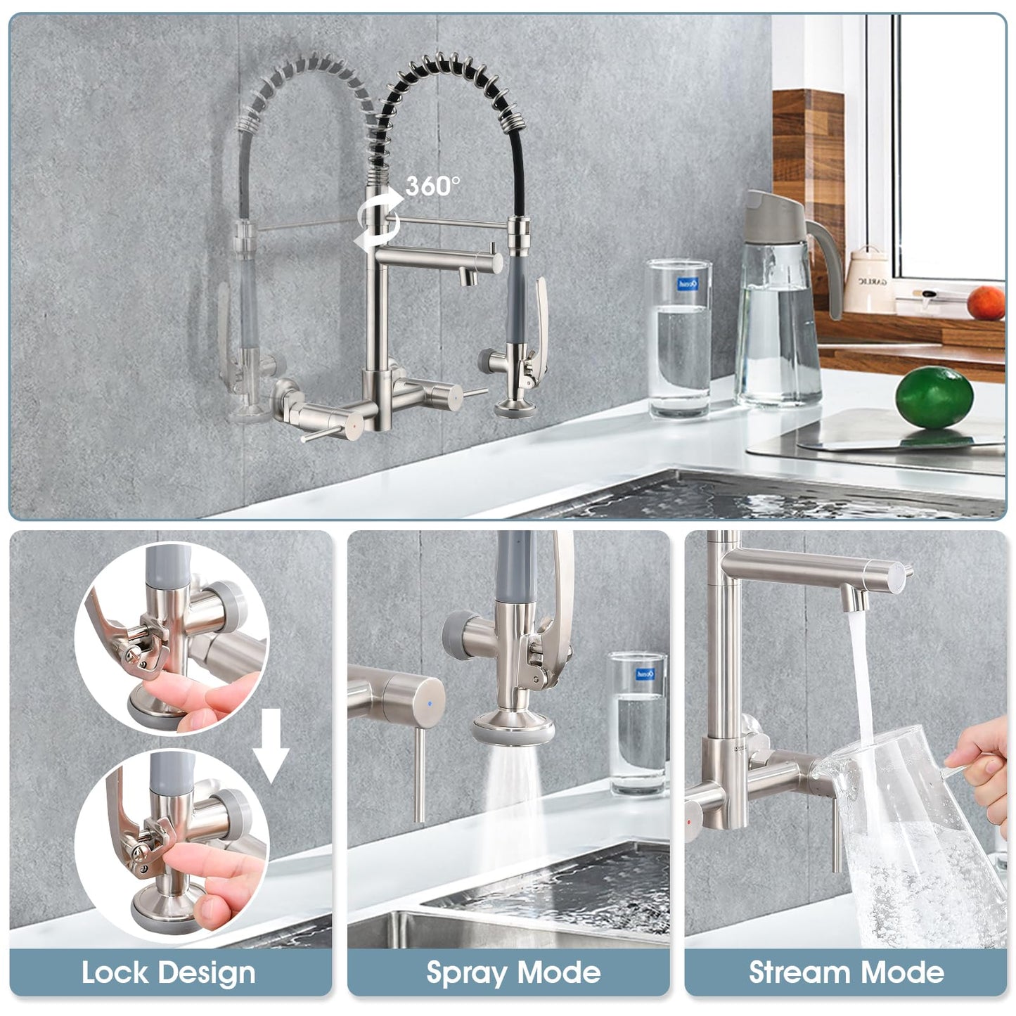 DEMIINUS Wall Mount Kitchen Faucet with Pull Down Sprayer, 8 Inch Center Kitchen Sink Faucet, Heavy-Duty Commercial Wall Mount Faucets, 2 Handle Faucet for Kitchen Sink, Brushed Nickel