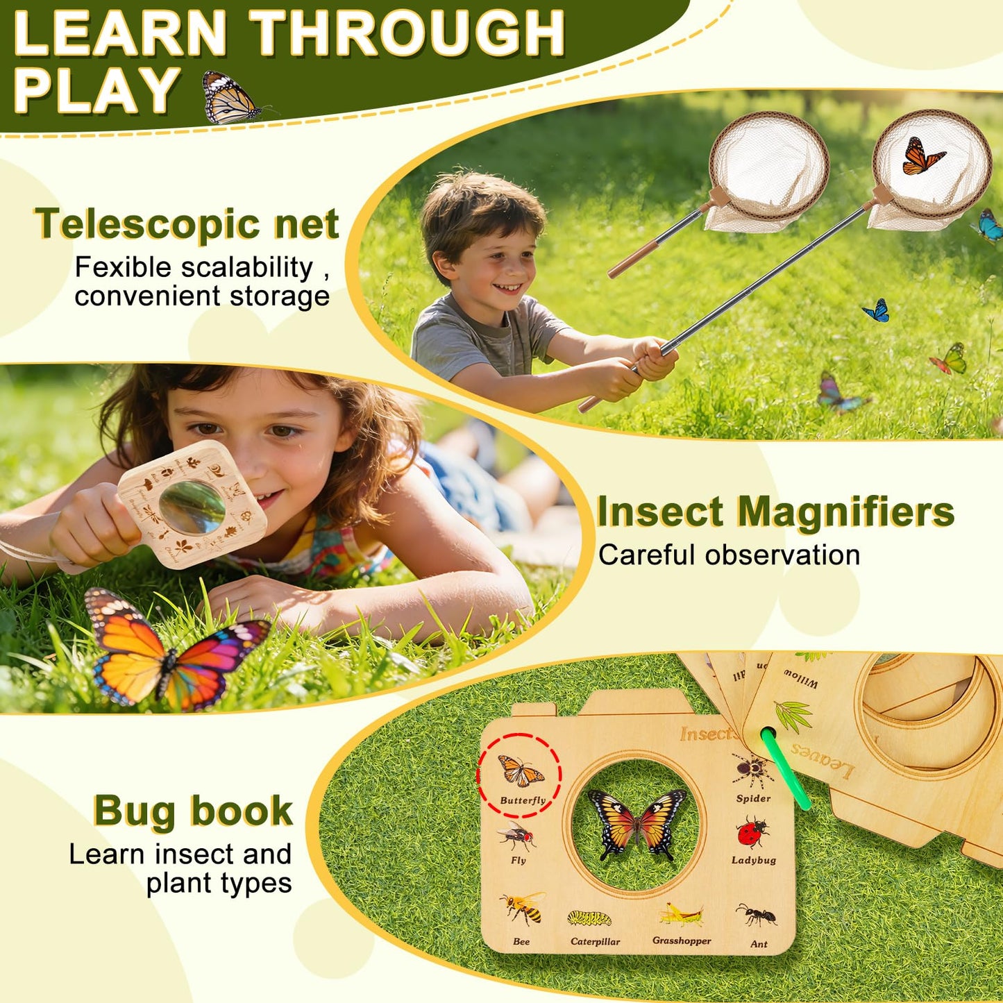 Wooden Bug Catcher Kit for Kids,10PCS Kids Bug Catching Kit with Bug Collector,Butterfly Net,Magnifying Glass,Toddler Bug Habitat Outdoor Explorer Kit Bug Collection,Nature Gift for Boys&Girls
