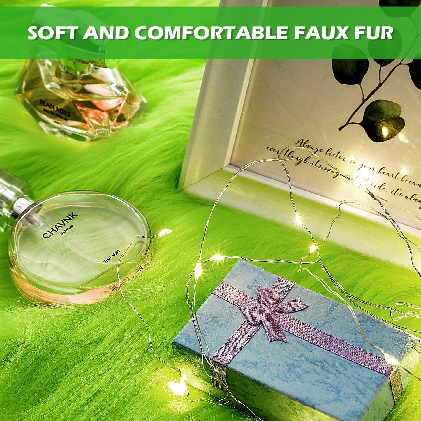 Tatuo 4 x 100 Inch Green Faux Fur Fabric Christmas Fluffy Fuzzy Craft Fake Fur Cuts Shaggy Synthetic Plush Patch Sewing DIY Winter Halloween Costume Gnome Beard Miniature Dolls Rugs Mats Gift