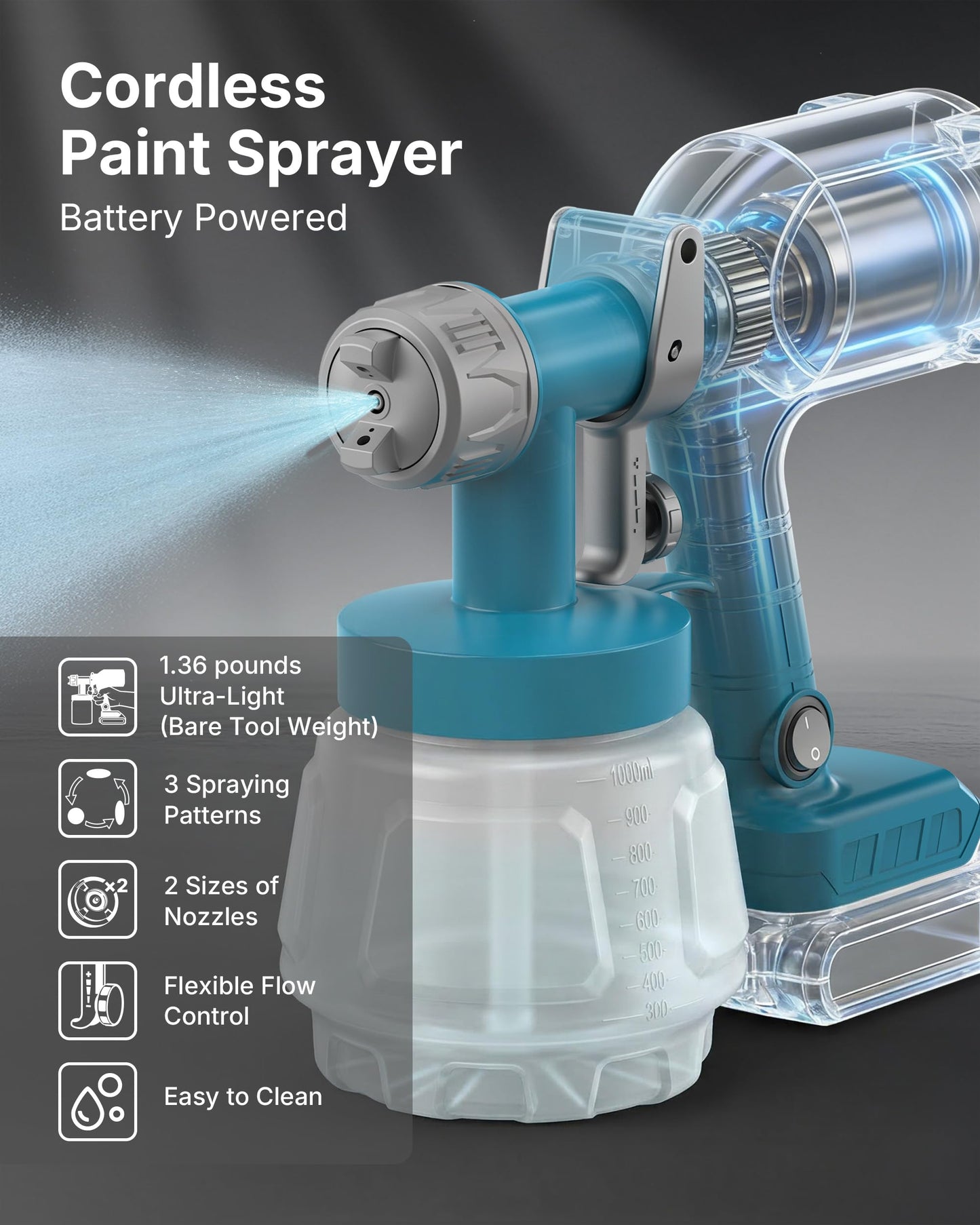 Tilswall Cordless Paint Sprayer Compatible with Dewalt 20V Battery (Battery Not Included), Portable Spray Paint Gun with 33.8 fl oz Container, 3 Spray Modes for House Fence Wall Wood Furniture