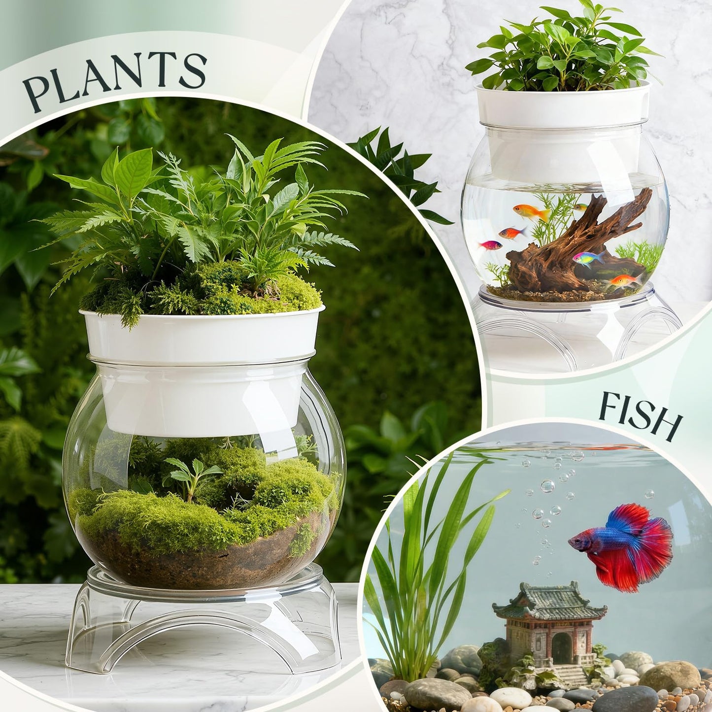 Geelin 0.5 Gallon Plastic Aquaponic Betta Fish Tank Aquaponic with Base and Top, Small Bowl Shatterproof Ecosystem Aquarium with Clear Clarity for Terrarium, Flower Vase Betta Fish Centerpiece Gifts