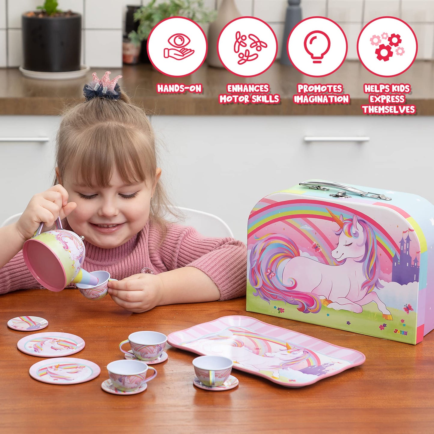 JOYIN Unicorn Tea Party Set for Little Girls, Pretend Pink Tin Teapot Set, Princess Tea Time Play Kitchen Toy with Teapot, Cup, Plate, Carrying Case for Kids Toddlers Age 3 4 5 6, Easter Birthday Gift