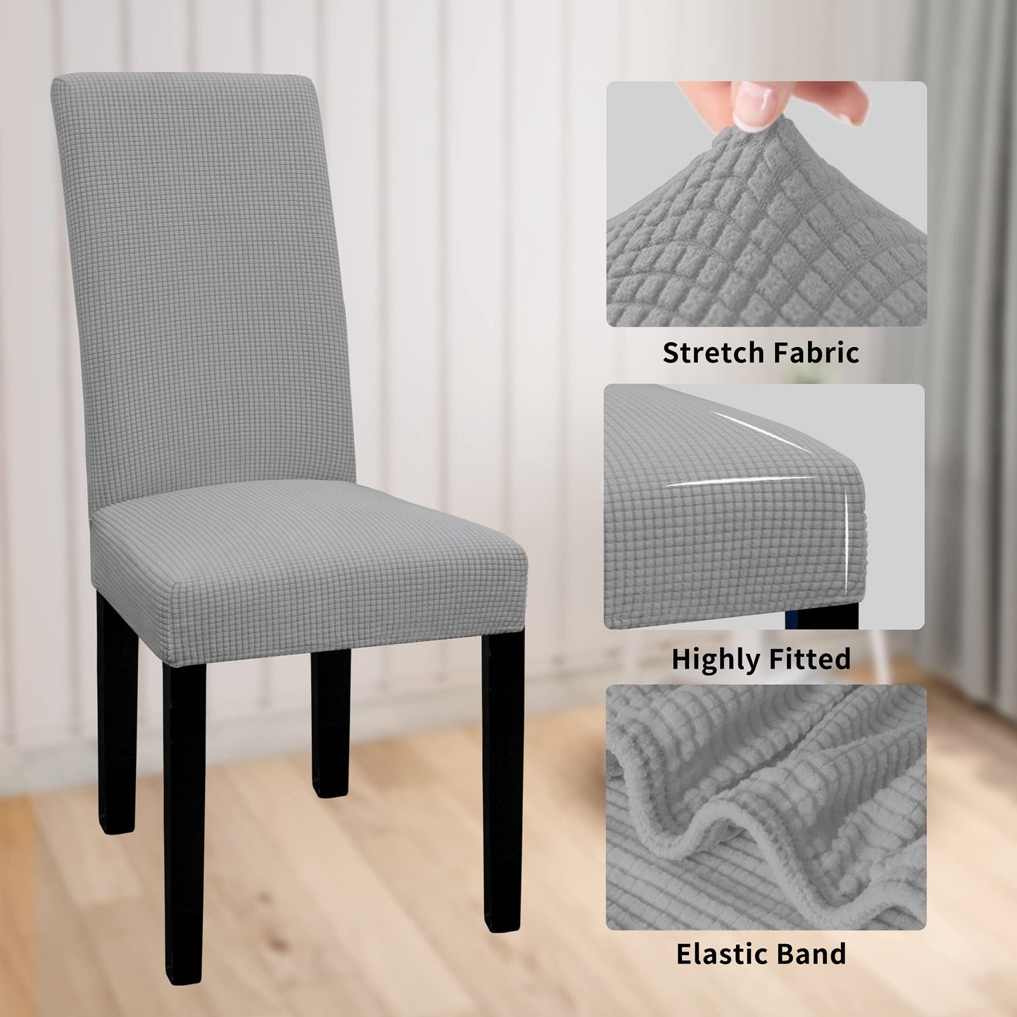 Easy-Going 100% Waterproof Dining Room Chair Cover Set of 6, Stretch Jacquard Parson Chair Slipcover Removable Washable Chair Protector for Home, Restaurant, Banquet (Large, Light Gray)