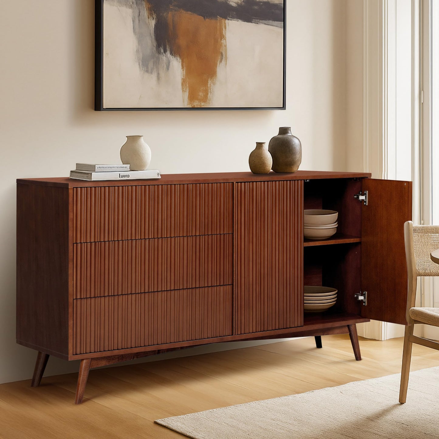 Teamson Home Tremolo 55″ Wide Sideboard Cabinet with 3 Deep Drawers & 2 Push-Open Doors, Adjustable Shelf & Solid Rubber Wood Feet, Fluted Fronts in Contemporary Style for Living, Dining Room, Walnut