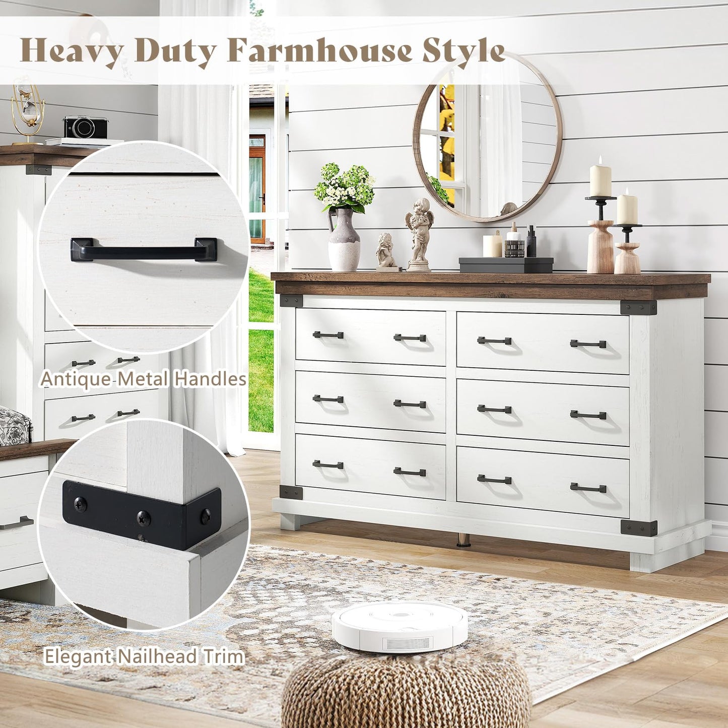 AMERLIFE Farmhouse 6 Drawers Dresser Chests for Bedroom, Wood Large Chest of Drawers/w Thick Plank Styling, Rustic Heavy Duty Closet Storage Dresser Organizer, Living Room, Hallway, Antique White