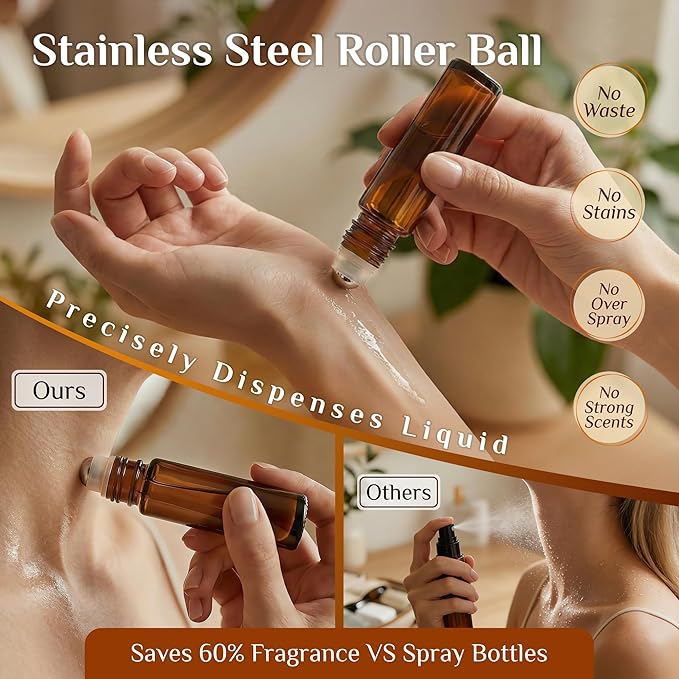 PrettyCare 12 Pack, 10 ml Essential Oil Roller Bottles with Stainless Steel Roller Ball - Refillable Leak-proof Empty Thick Amber Glass Roll on Bottles with Metal Caps for Travel, Perfume