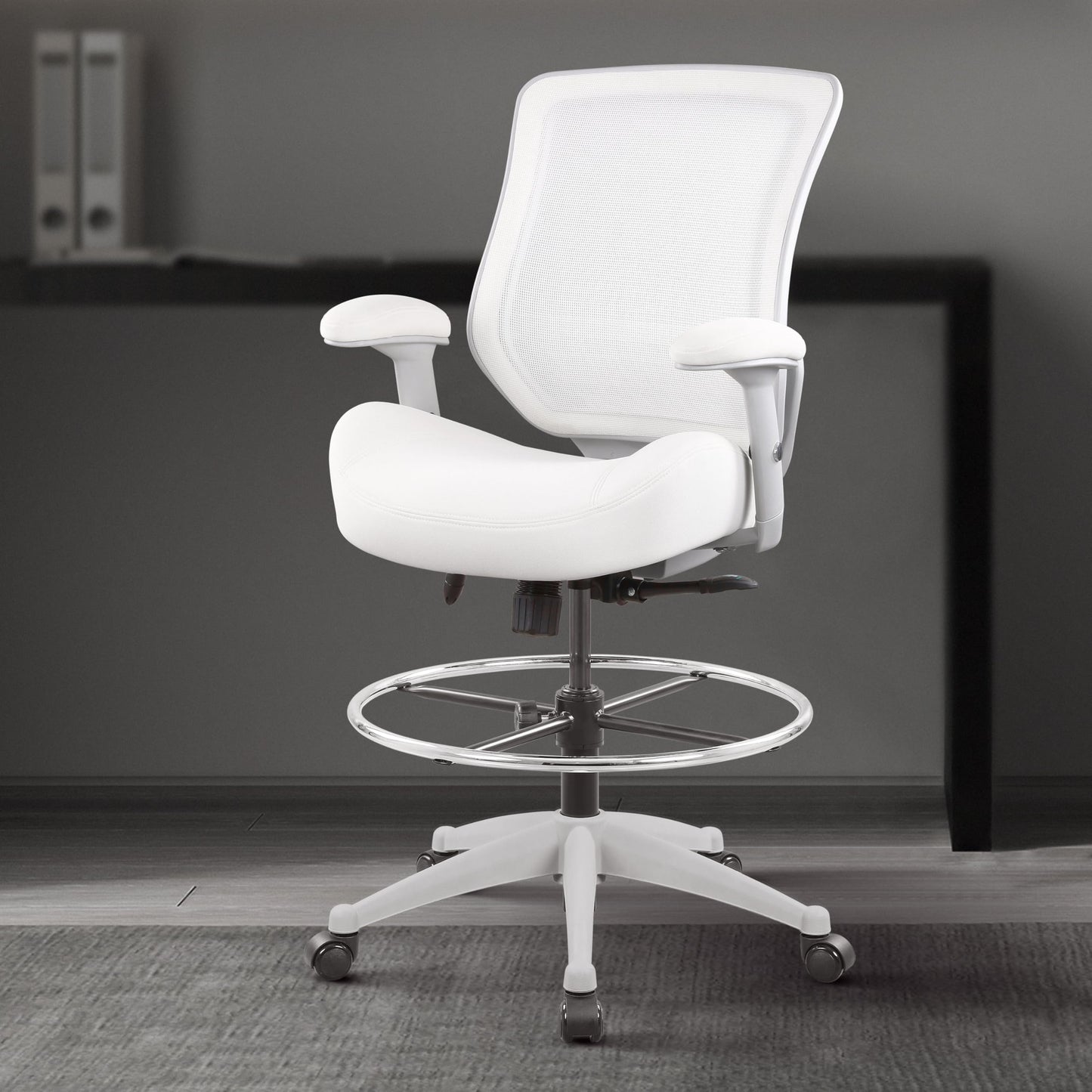 BOLISS 400lbs Mesh Ergonomic Office Drafting Chair Big Adjustable Foot Ring Height Adjustable Armrest (Wht)