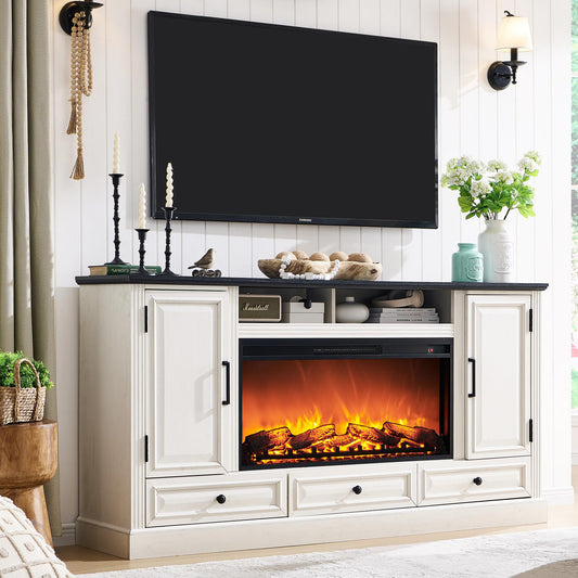 ACCOHOHO Fireplace TV Stand for 80 Inch TV, 35.7" Tall Farmhouse Entertainment Center W/36'' Electric Fireplace, Media Console with Large Storage Cabinets and Drawers for Living Room, Antique White