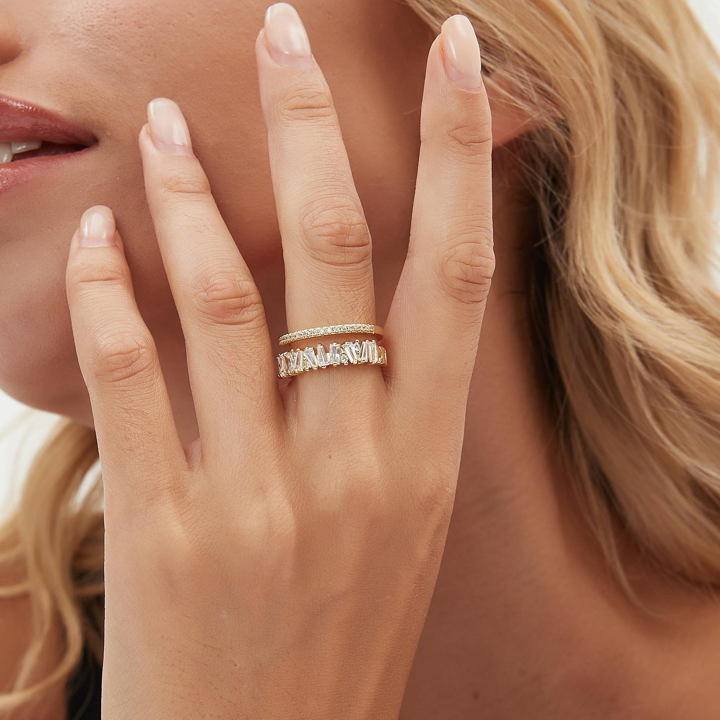 VOPIPO Dainty Double Cubic Zirconia Open Finger Rings for Women 18K Gold Plated Adjustable Trend CZ Rings Personalized Minimalist Stacking Rings Jewelry Gifts