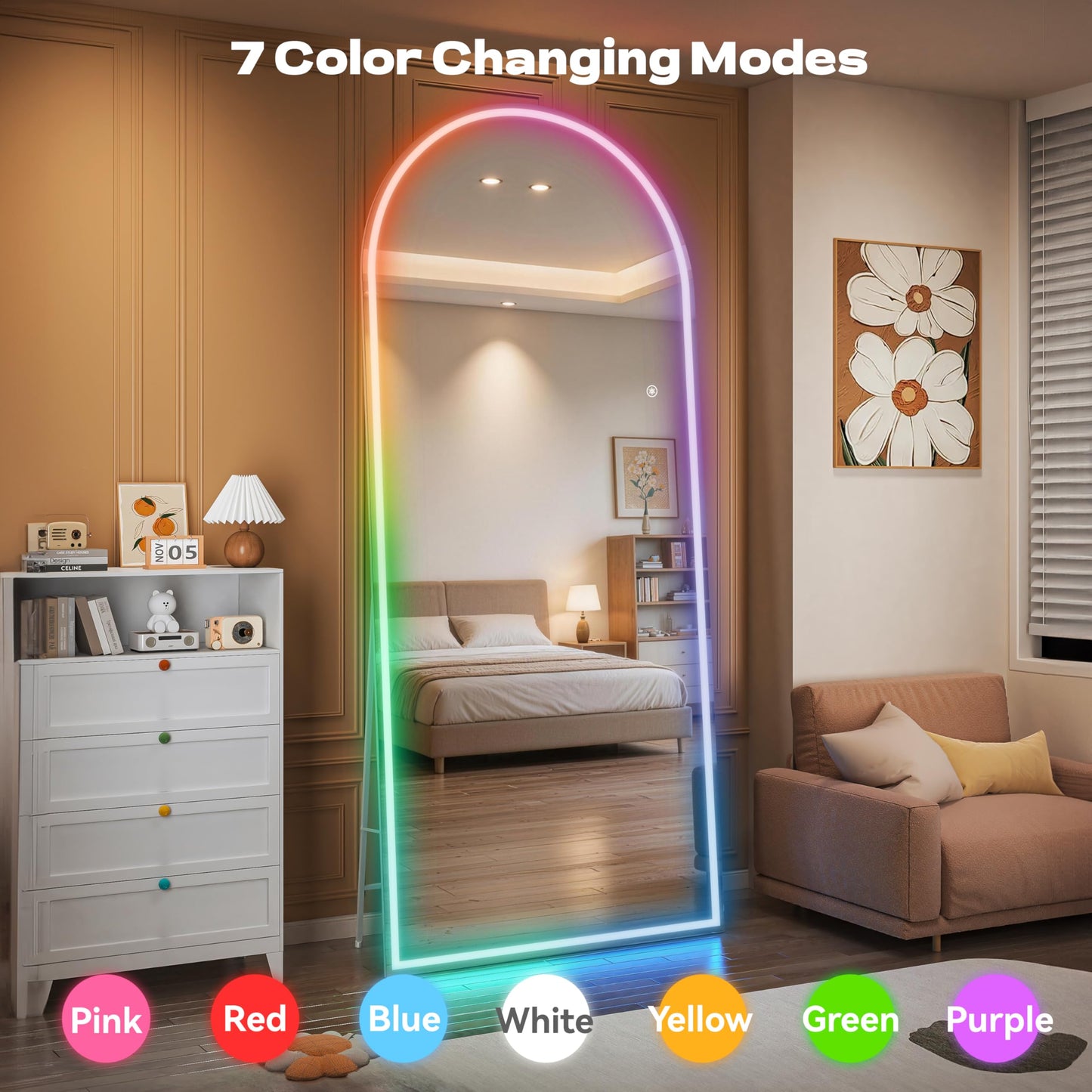 Hasipu Arch Full Length Mirror 95 x 40 in with Stand — Arch LED RGB Full Body Mirror, 7 Lighting Modes, Dimmable, Built‑in Bluetooth Speaker, White Frame for Bedroom Dressing Room