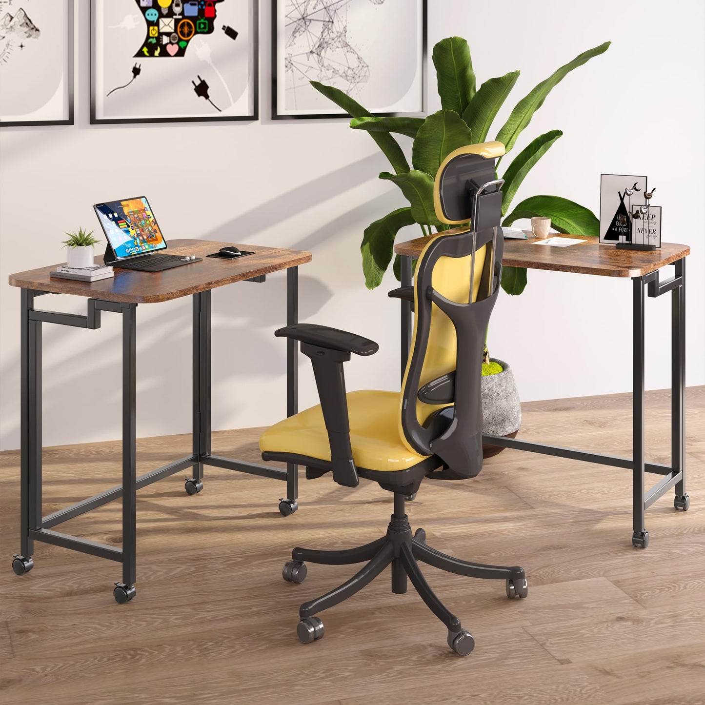 JSB Small Folding Computer Desk with Wheels Writing Modern Industrial Work Table Laptop for Home Office (Rustic & Brown, 23.6")