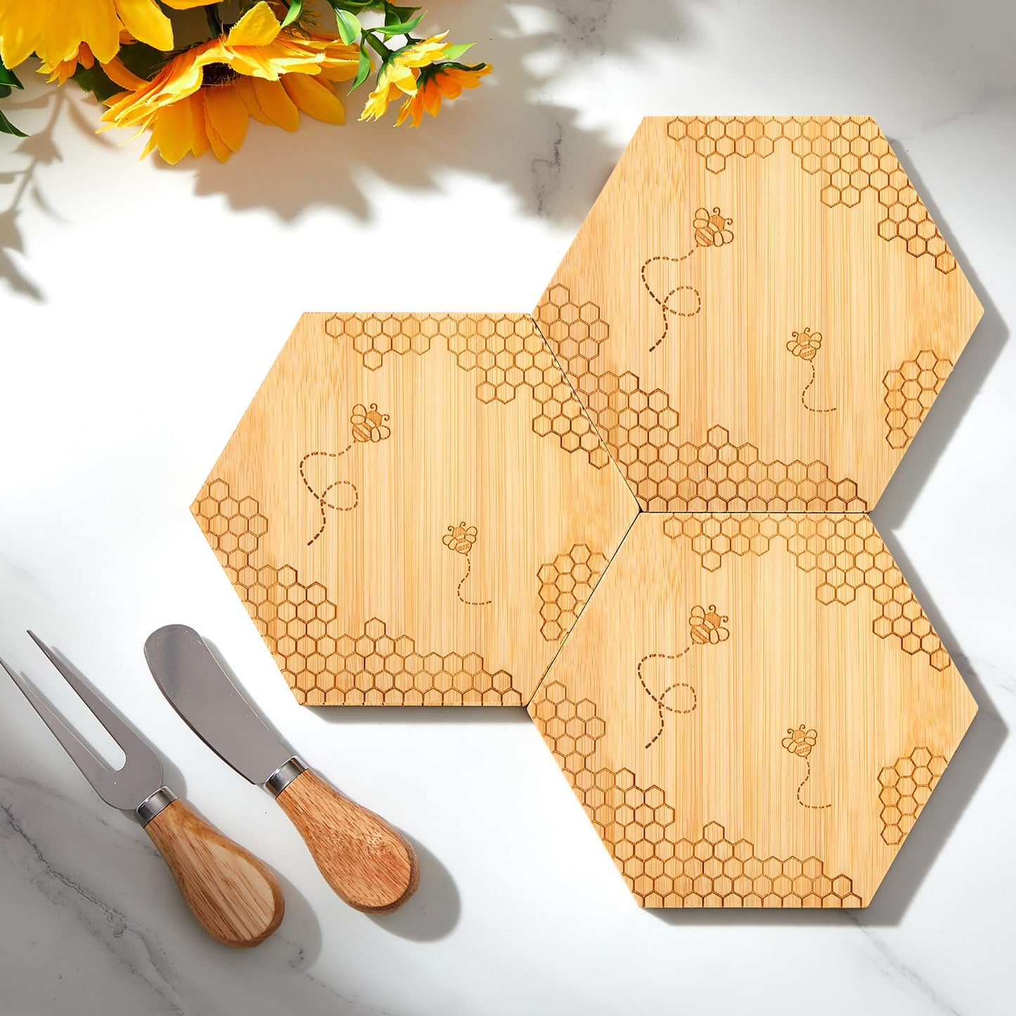 Ziliny 1 Set Bridal Baby Shower Prizes for Winners Honey Bee Cheese Board Party Gifts with Cheese Knive and Forks Box for Bee Baby Shower Themed Birthday Wedding Favors (Hexagon)