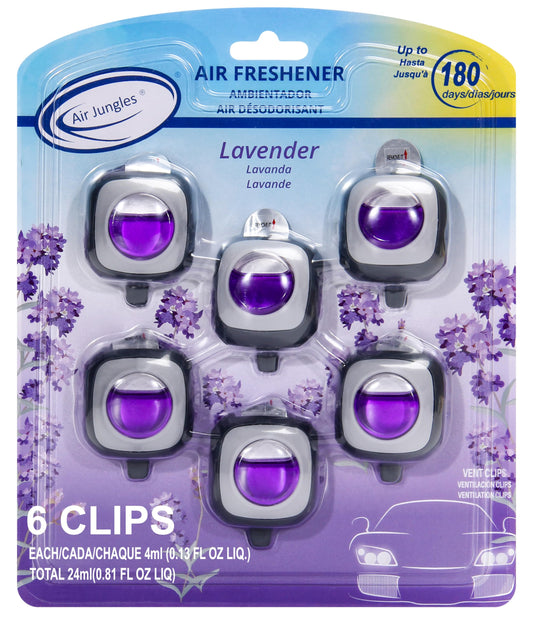 Air Jungles Lavender Scent Car Air Freshener Vent Clip, 6 Count Long Lasting Up to 180 days, Natural Essential Oil Car Fragrance for Women and Men, Odor Eliminator - 4ml Each