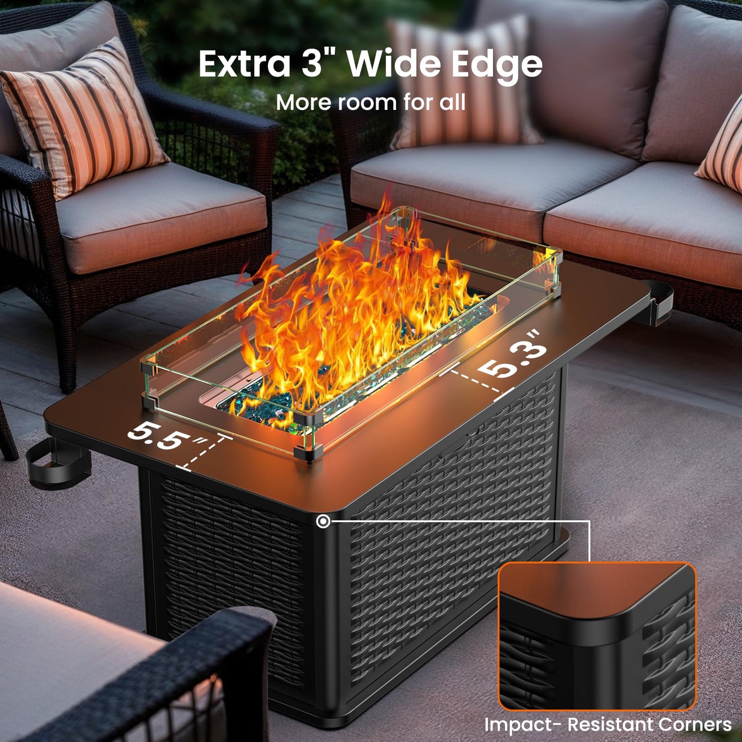 AMADA HOMEFURNISHING 43 Inch Propane Fire Pit Table, 60,000 BTU Gas Fire Pit with Premium Glass Rocks, Wind Guard Glass Shield, Waterproof Cover, Cup Holders, Fire Table for Patio and Garden