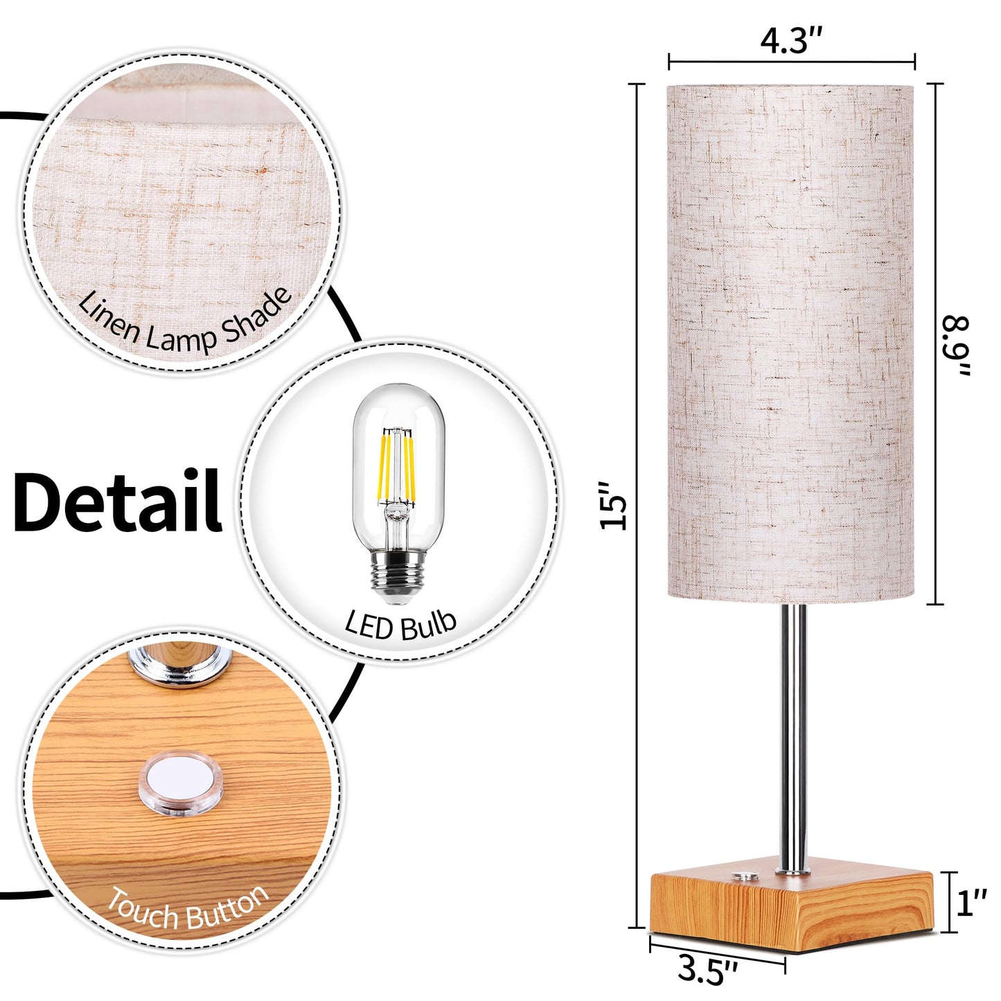 Cordless Table Lamp with Dimmable, Rechargeable 3 Modes Battery Powered Bedside Lamp, rv Essentials Battery Operated Lamps, Touch Lamp for Bedroom, Living Room, Reading Room,15 Inch Beige wood 2PK