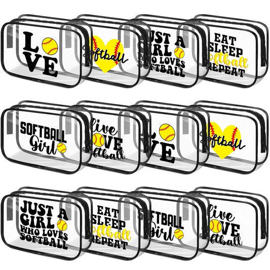 Reginary 12 Pcs 7 x 4.7 x 2.4'' Softball Makeup Bag Softball Gifts for Team Clear PVC Softball Cosmetic Case Softball Goodie Bag Stuffers Accessories for Woman Toiletry Zipper Pouch Team Party Favors