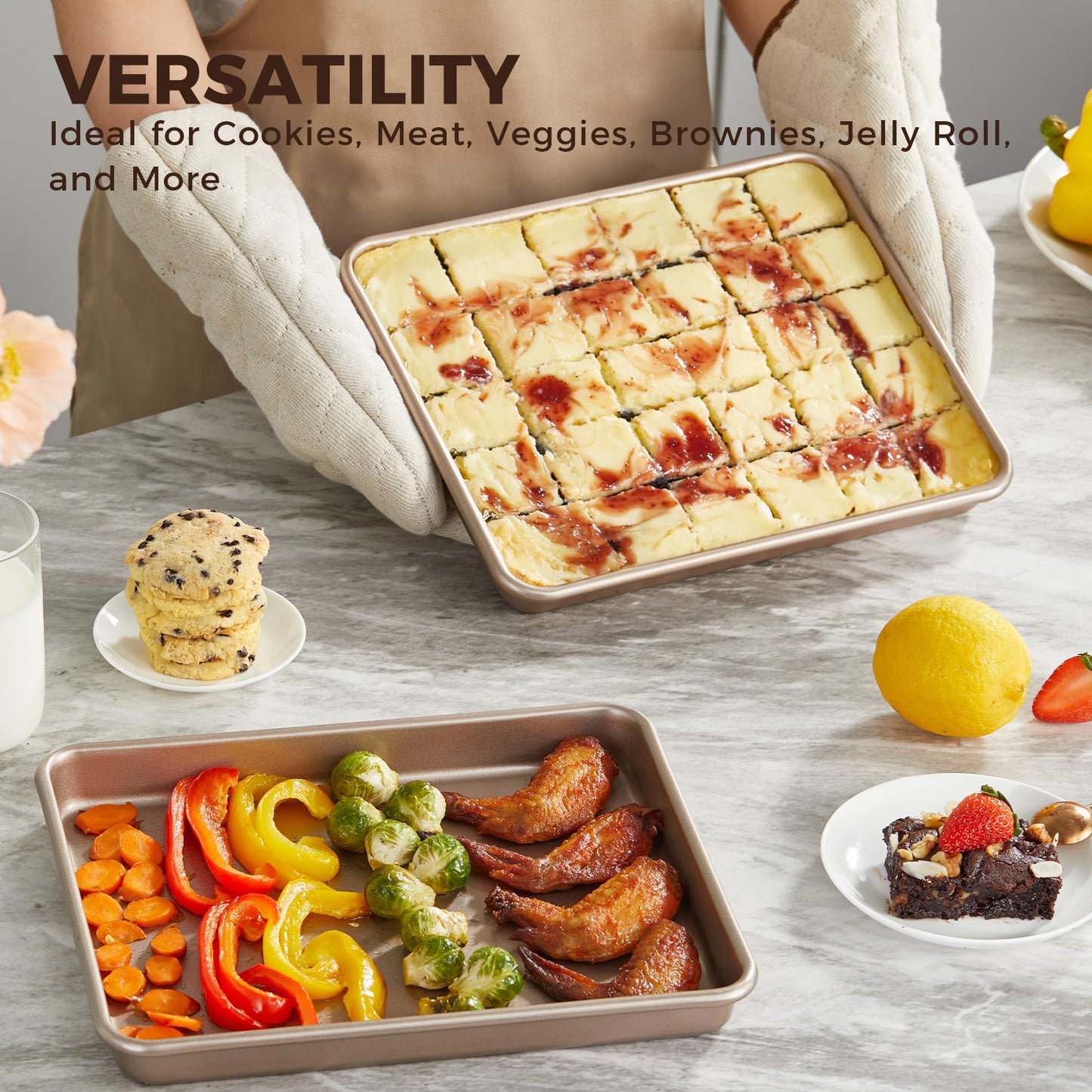HONGBAKE 2 Pack 11 x 9 Inch Toaster Oven Pans and Trays, Small Baking Sheet Set for Cooking, Non-Stick Cookie Sheets, Heavy-Duty 0.8mm Thick, Easy to Clean, 1.26 Inch Deep, Gold
