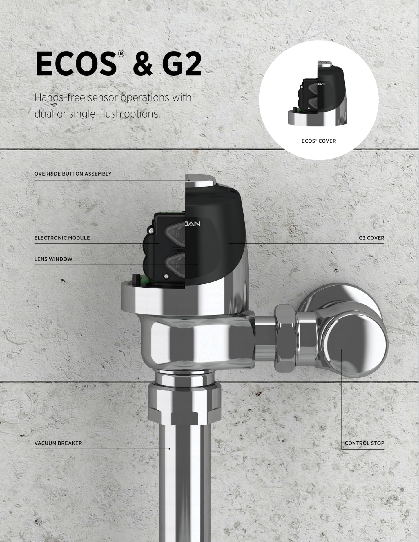 Sloan G2 Optima Plus 8110 Exposed Sensor Water Closet Flushometer, 3.5 GPF Flush Valve - Single Flush, Fixture Connection Top Spud, Battery Powered Infrared Sensor, Polished Chrome Finish, 3250404