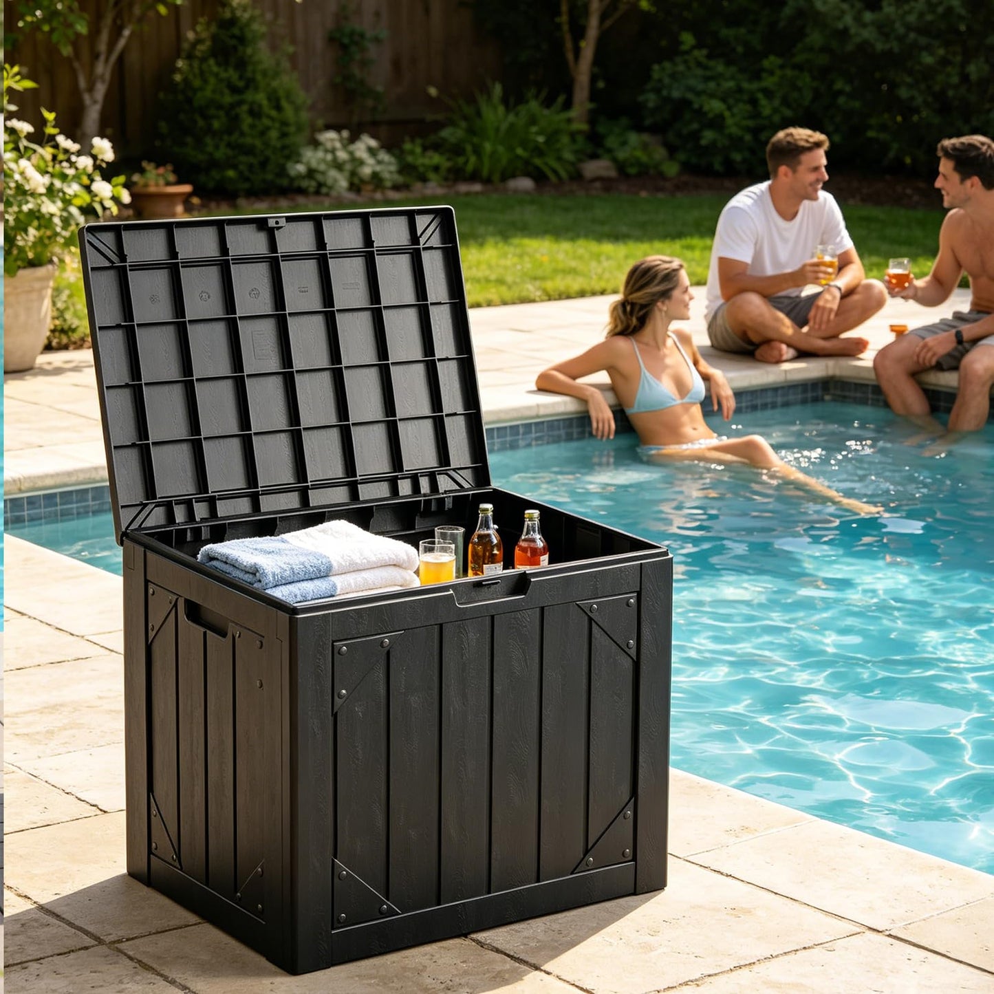 MAKE CHANGES Outdoor Storage Box,30 Gallon Deck Box Outdoor Storage Bench Outside Waterproof Resin Storage Bench, Lockable Patio Cushions, Garden Tools Storage For Furniture, UV Resistant Black