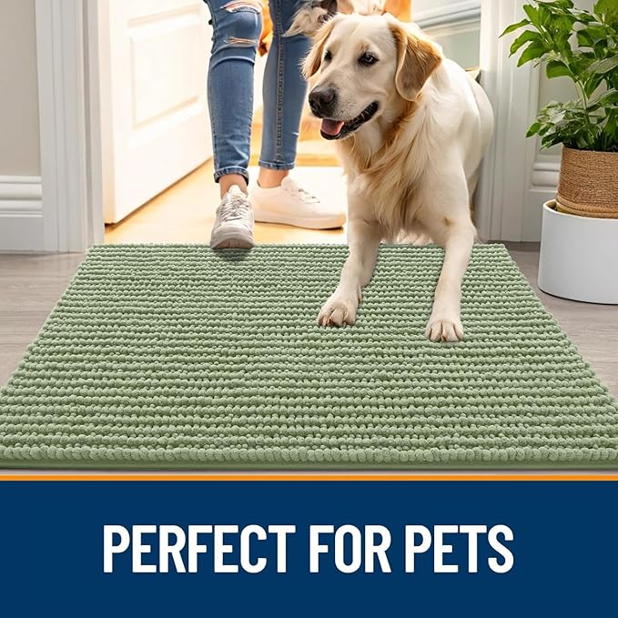 OLANLY Dog Door Mat for Muddy Paws 59x20, Ultra Absorbent Chenille Mud Doormat, Non-Slip Washable and Dirt Trapping Doormat for Indoor Entryway, Quick-Dry Indoor Pet Bed Mats for Dogs, Sage Green