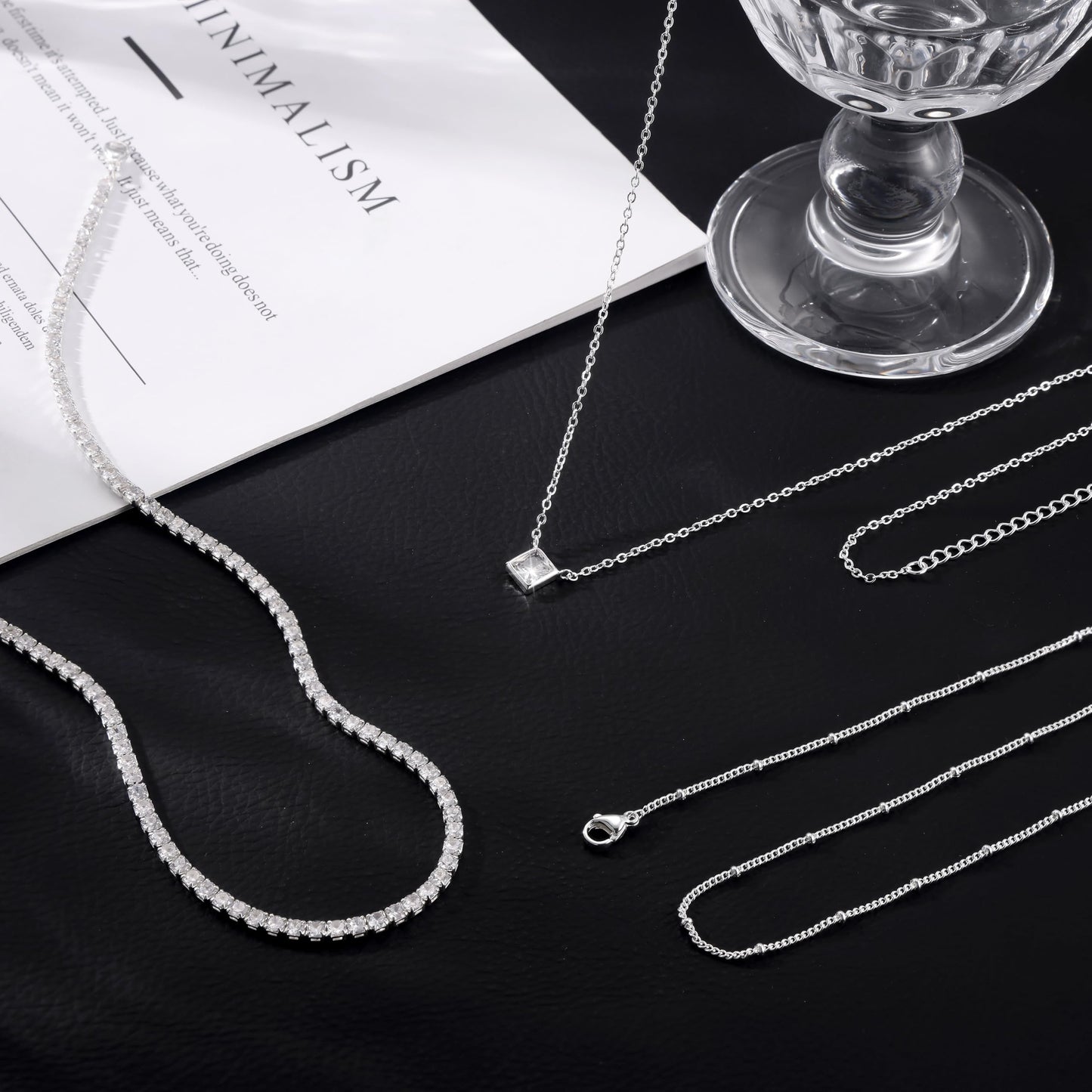 CHESKY Layered Silver Necklaces for Women Trendy, Silver Plated Dainty Stackable Charm Necklaces for Womens Layering Beads Tennis Chain Diamond Pendant Necklaces Jewelry Set for Women Gifts