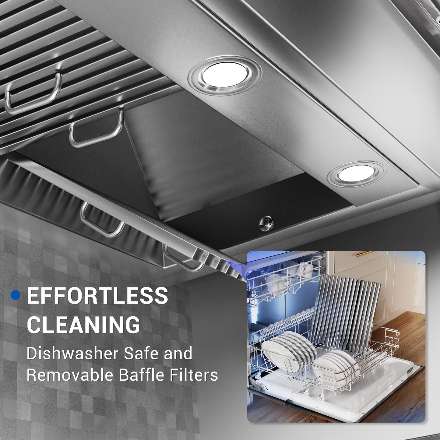 48-inch Range Hood Insert with Inline Remote Blower, CT Copper Tailor 1260CFM Kitchen Vent Hood, 4-Speed Exhaust Fan, 4 LED Lights, 8" Round Ducted,Baffle Filters, in Stainless Steel