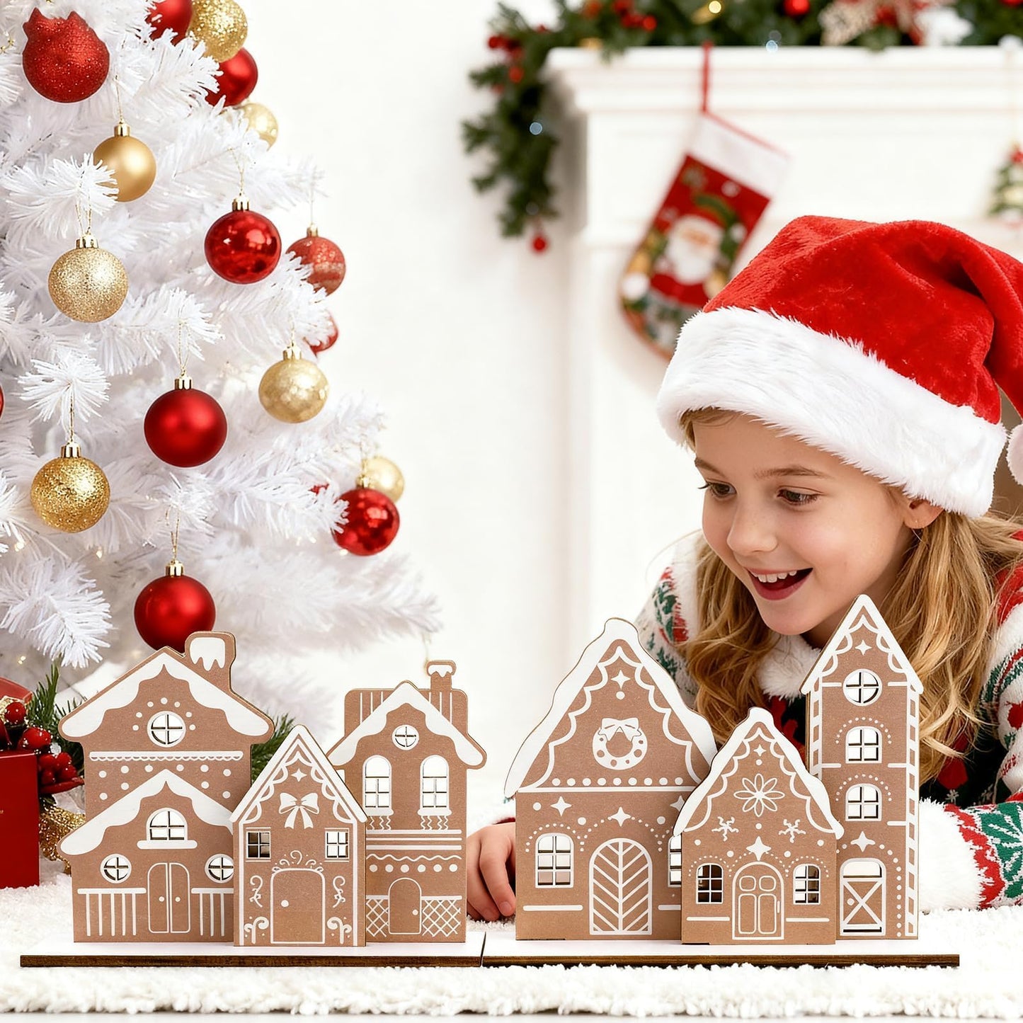 APUDWN Christmas Gingerbread House Table Decoration Wooden Gingerbread House Set with 6 Mini Houses and 2 Bases for DIY Farmhouse Holiday Display, Rustic Xmas Tabletop Centerpiece for Desk or Shelf