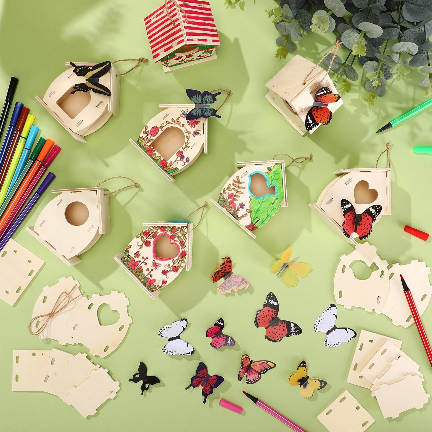 Outus 24 Pcs Wooden DIY Birdhouse Kits for Kids to Build, 4 Shapes Birdhouse Kit Wooden Unfinished with Butterfly Sticker for Boy Girl Arts Crafts(Cute)