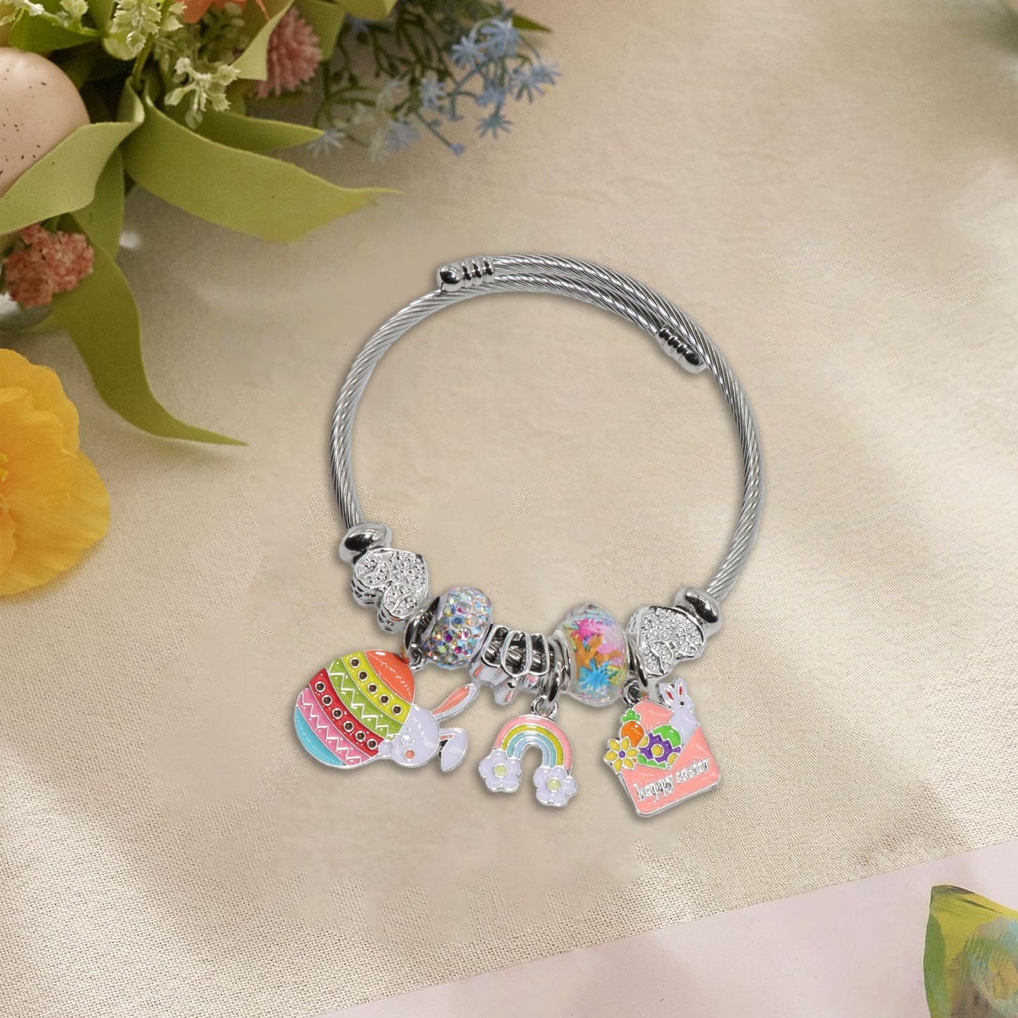 IUULOB Easter Silver Women Bracelets - Adjustable Charm Bracelets for Women Birthday Gifts Favors Titanium Steel Bracelet Bundle Jewelry Kit, Party Favors and Classroom Prize Supplies
