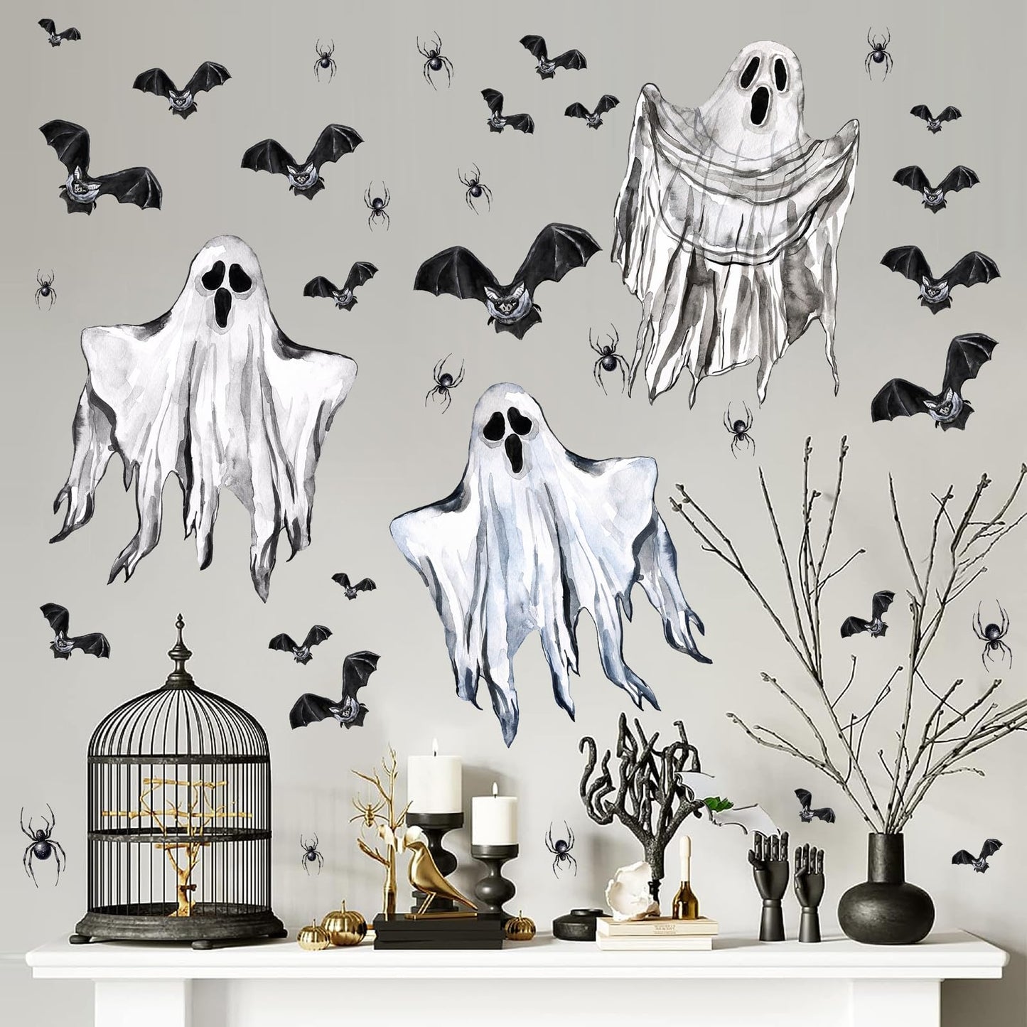 Halloween Wall Decoration Stickers Large Bats Ghost Wall Decals Decoration Peel and Stick Halloween Party Indoor Decor Supplies Happy Halloweens Vinyl Decals for Haunted House Window Winter Hoilday