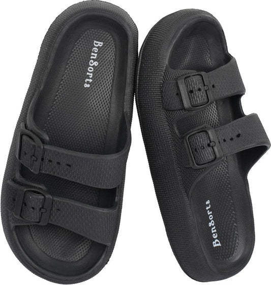 BenSorts Pillow Slippers for Women and Men Cute Rubber Sandal Adjustable Buckles Soft Slides Shower Spa Bath House Slippers Indoor Outdoor Black Men Size 8.5 9 9.5 Women Size 9.5 10 10.5