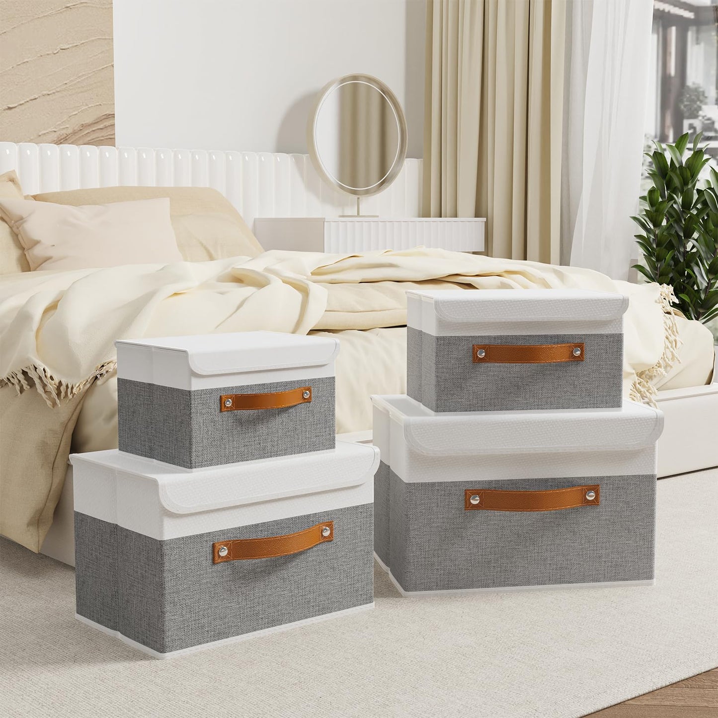 OUTBROS Storage Boxes, Collapsible Storage Bins with Lids, Cotton and linen cloth Storage Baskets with Handle, for Books, Closet, White/Grey, 3 Pack 10.2 x 7.9 x 6.7in