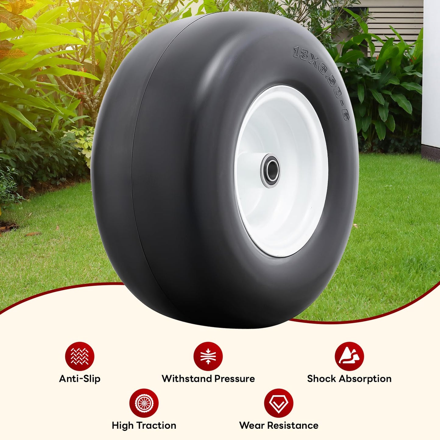 13” Solid Tires, Flat Free 13x6.50-6” Wheels with 3/4” Axle Bore Hole and Double Sealed Bearings Compatible with Hand Truck Wheelbarrow Tire Lawn Mower Tires (White, 2PCS) P-100