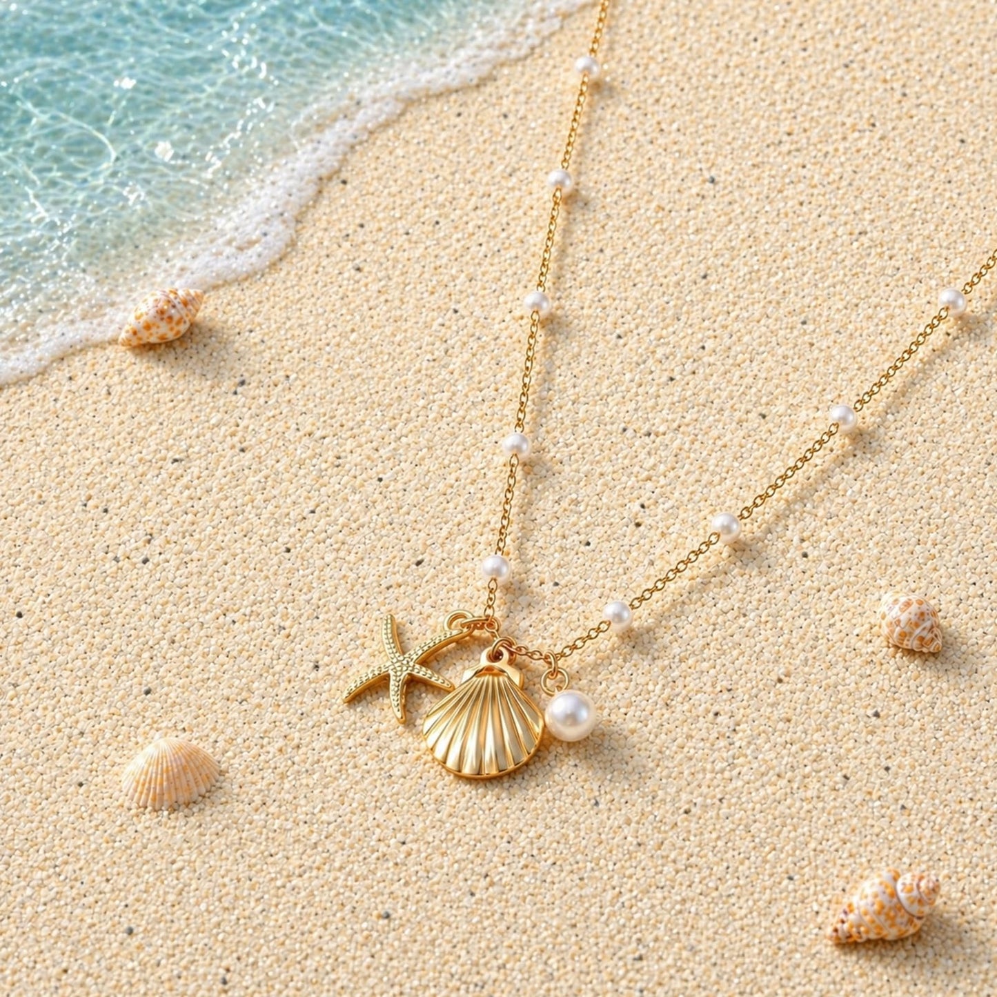 Seashell Necklace Beach Starfish Layered Necklaces for Women Non Tarnish Waterproof Gold Necklace Stack Dainty Paperclip Cute Shell Pearl Pendant Ocean Charm Trendy Summer Beach Vacation Jewelry Gift (Starfish&Shell&Pearl)
