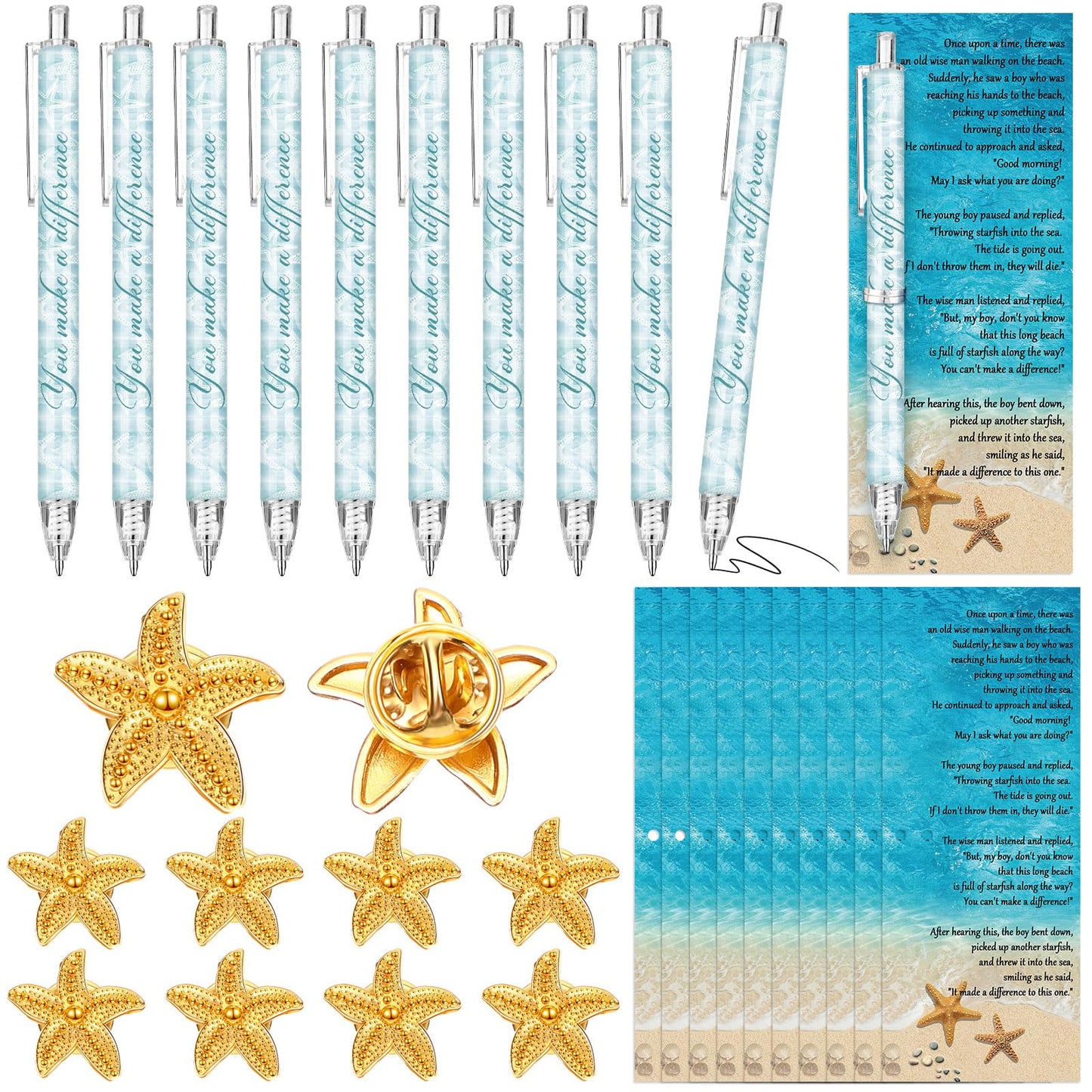Sayglossy 30 Sets Starfish Story Gifts You Make a Difference Pens Starfish Lapel Pins with Inspirational Story Cards Bulk for Volunteer Teacher Employee Coworker Staff Appreciation