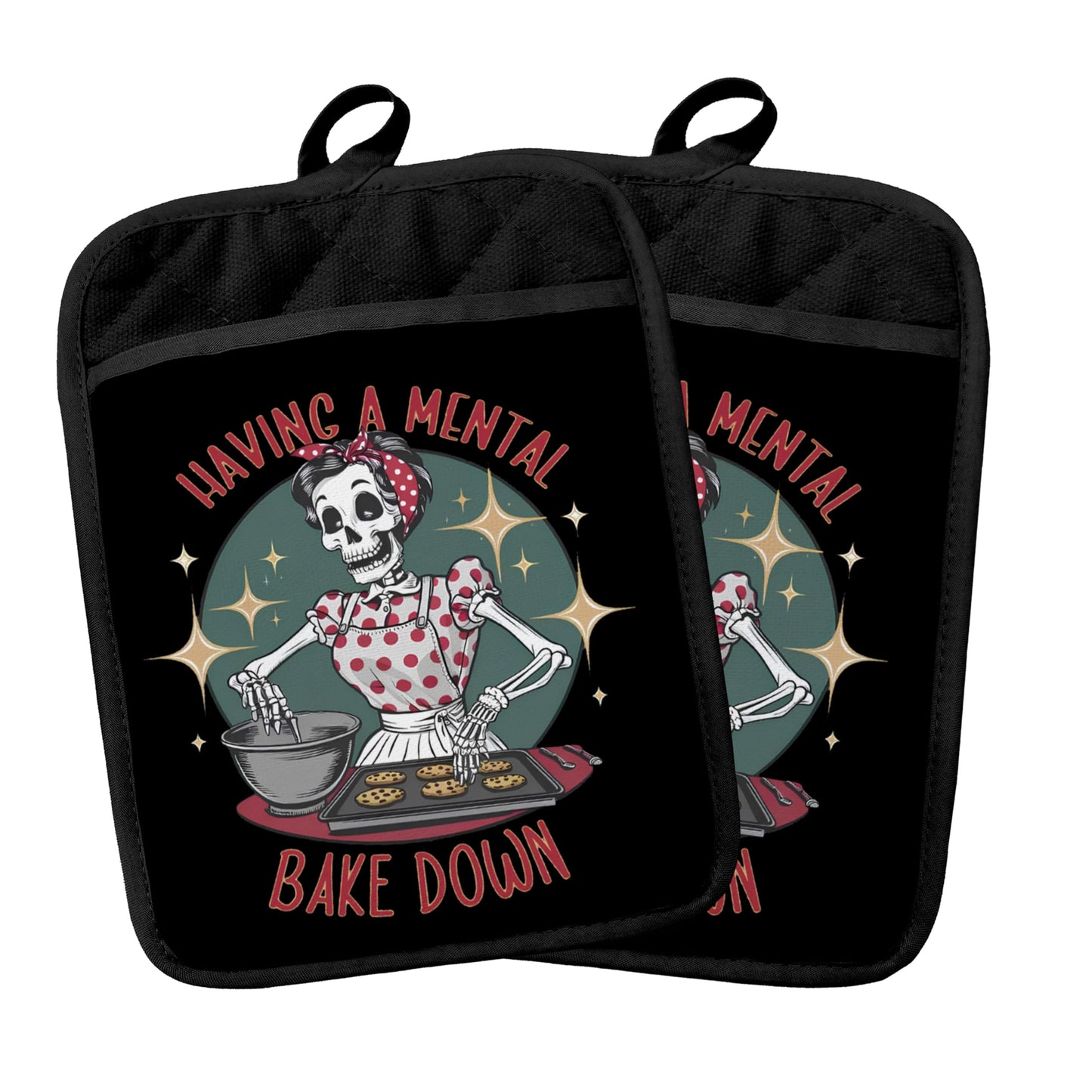 ADWHNHJY Sarcastic Gothic Skeleton Baker Pot Holders Heat Resistant, Baking Gifts for Women, Funny Humor Gothic Skull Oven Potholder Hot Pads for Kitchen Countertops Baking Cooking