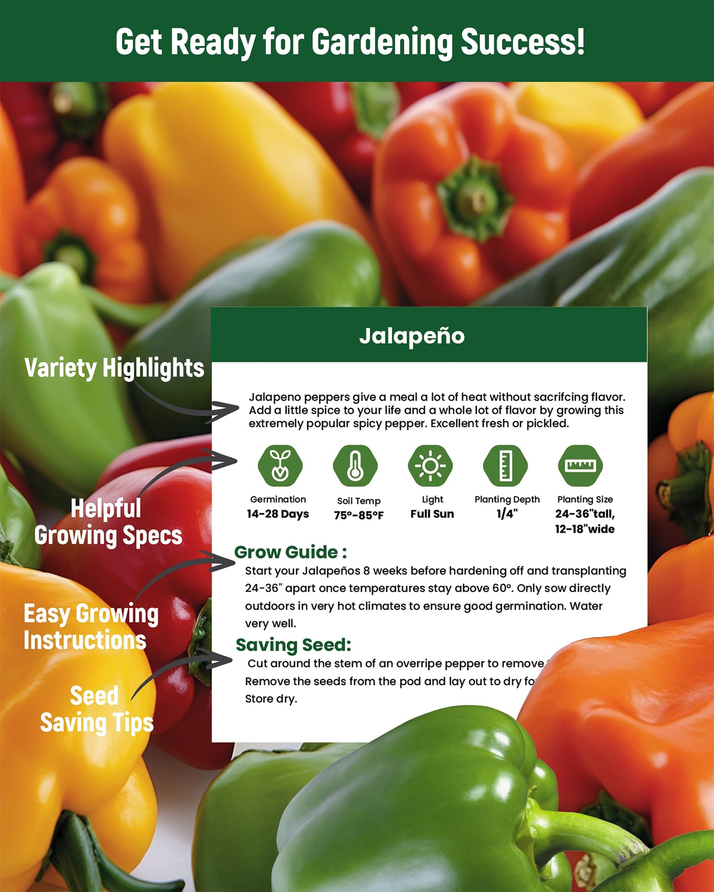 3000+ Pepper Seeds Collection - 15 Varieties Non-GMO Hot & Sweet Seeds for Planting: Cayenne, Cubanelle, Habanero, Poblano, Serrano, Big Jim & Bell for Garden