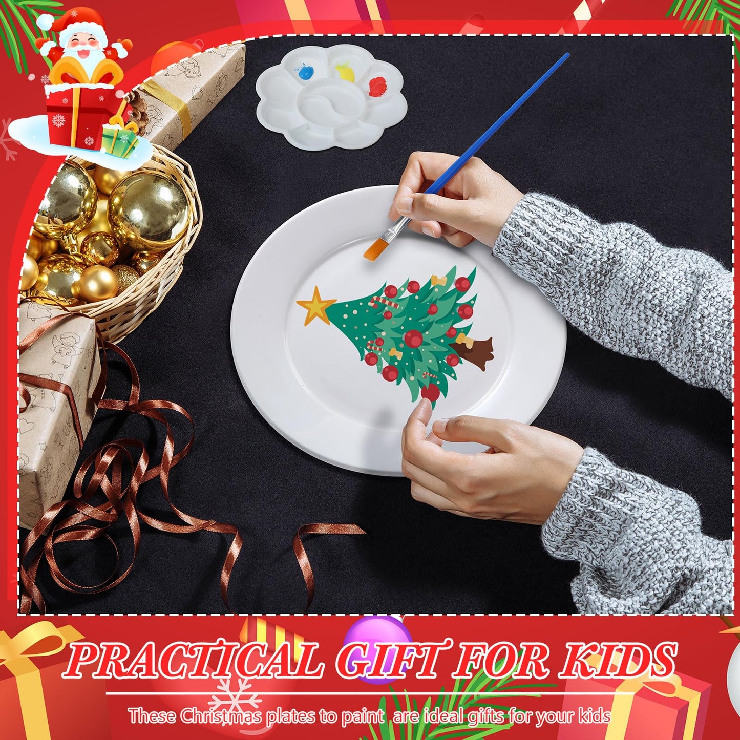 Affrolling Paint Your Own Porcelain Plates Ceramic Painting Kit Included 2 Pcs Porcelain Plates 2 Brushes 12 Paints 2 Stands Paint and 1 Pcs Color Palette, Pottery Kit for Adults(Round)